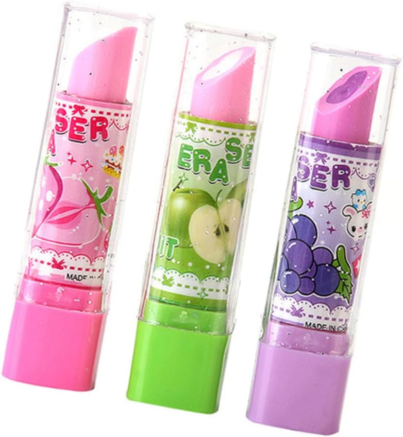 Stationery Set 10pcs Lipstick Shape Erasers Funny Fruit Patterns for Kids Random Color