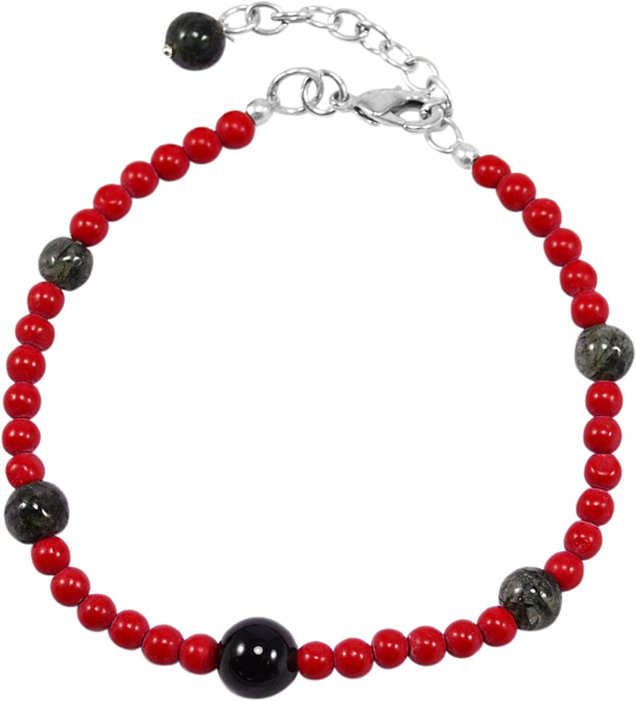 Silvesto India Lobster-Claw Clasp Handmade Jewelry Manufacturer Rutile Quartz & Red Jasper Short Link-Chain 925 Silver Plated Jaipur Rajasthan India Everyday Bracelet