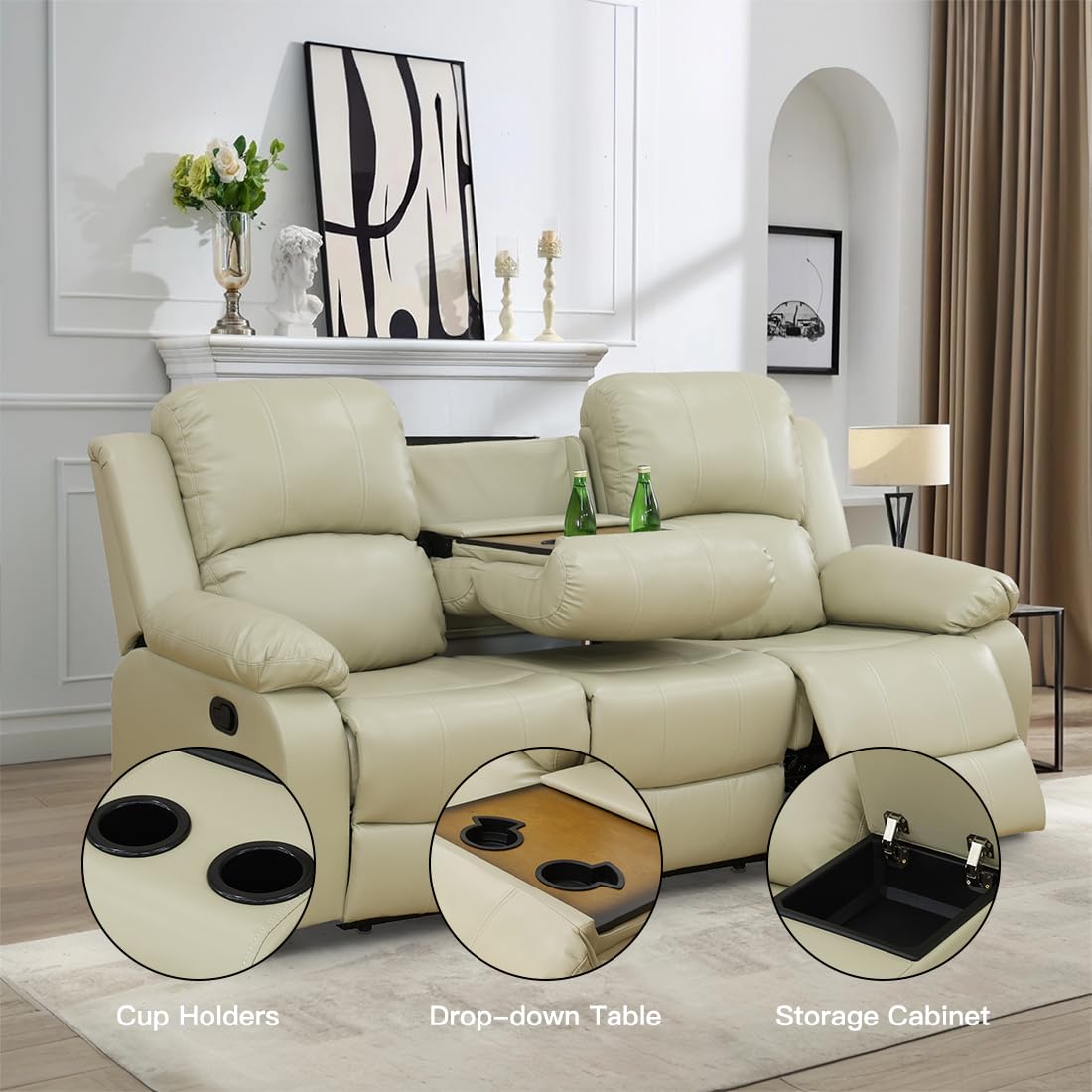 Toseslo Living Room Furniture Set, Manual Reclining Sofa Set, Beige Leather Recliner Couch Sets with Drop-Down Table, Recliner Sofa with Storage Console/Cup Holder for Living Room/Apartment view 3