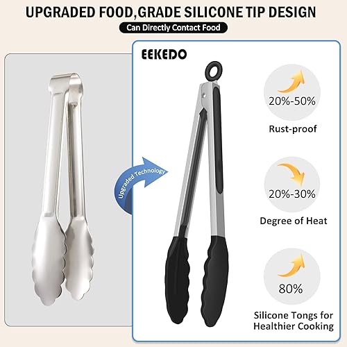 Miniatura 9 de Pinzas de cocina, pinzas de silicona de acero inoxidable para cocinar a 600F de alta resistencia al calor, pinzas de bloqueo para barbacoa, juego de