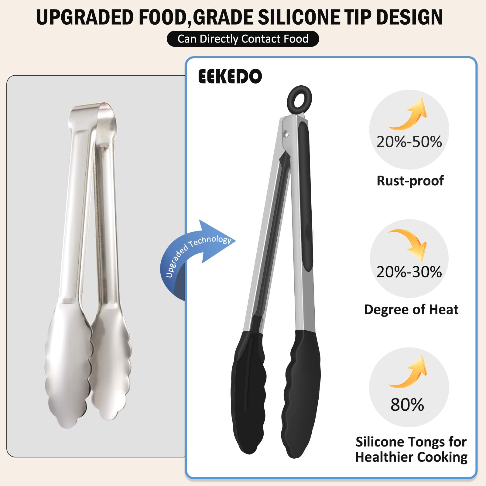 Pinzas de cocina, pinzas de silicona de acero inoxidable para cocinar 600ºF de alta resistencia al calor, pinzas de bloqueo, juego de 2-9 pulgadas y 12 pulgadas, color negro