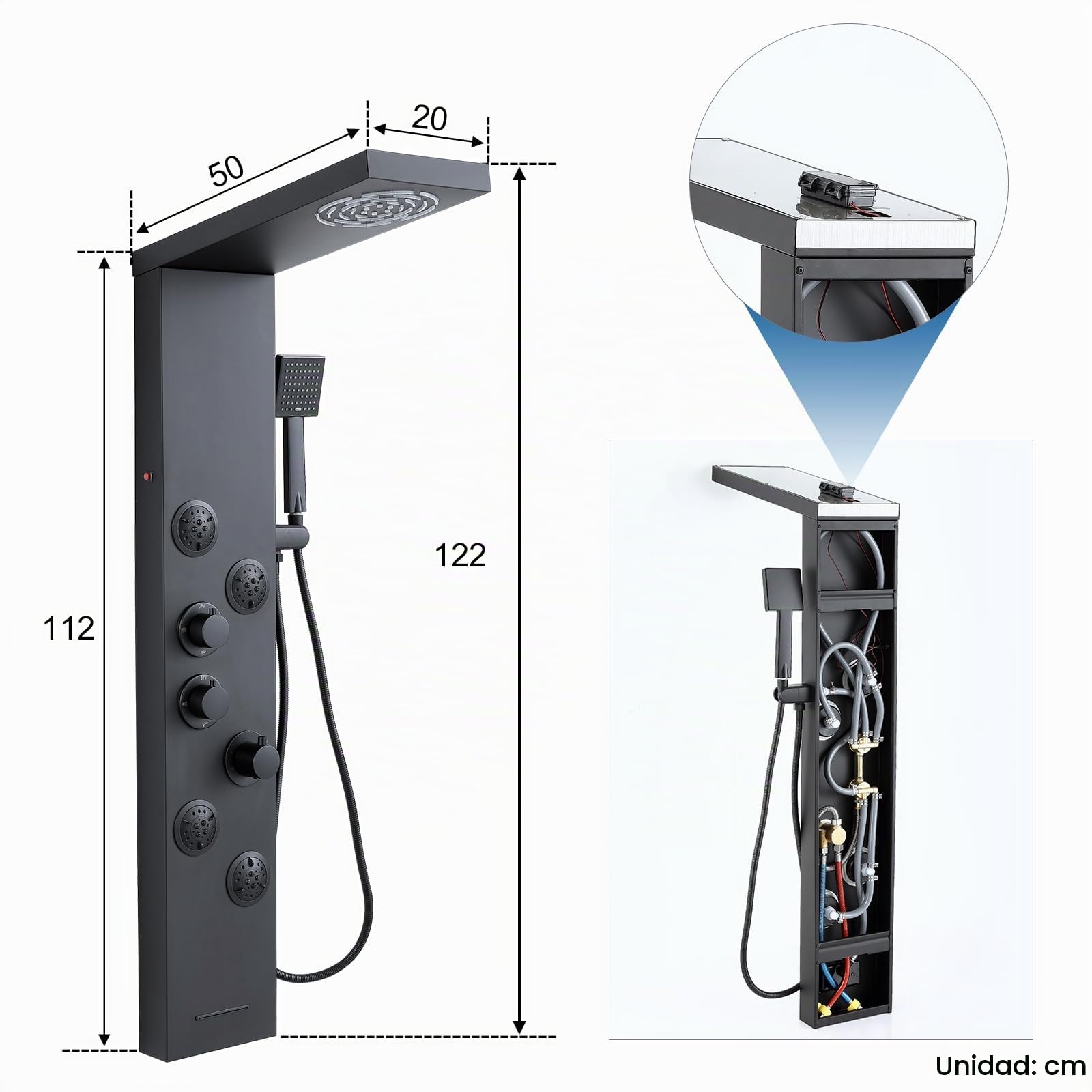 Sistema termostático de panel de ducha – 6 modos de columna de ducha con LED lluvia y niebla, 4 chorros de cuerpo de masaje, auricular y boquilla de baño, acero inoxidable, negro mate