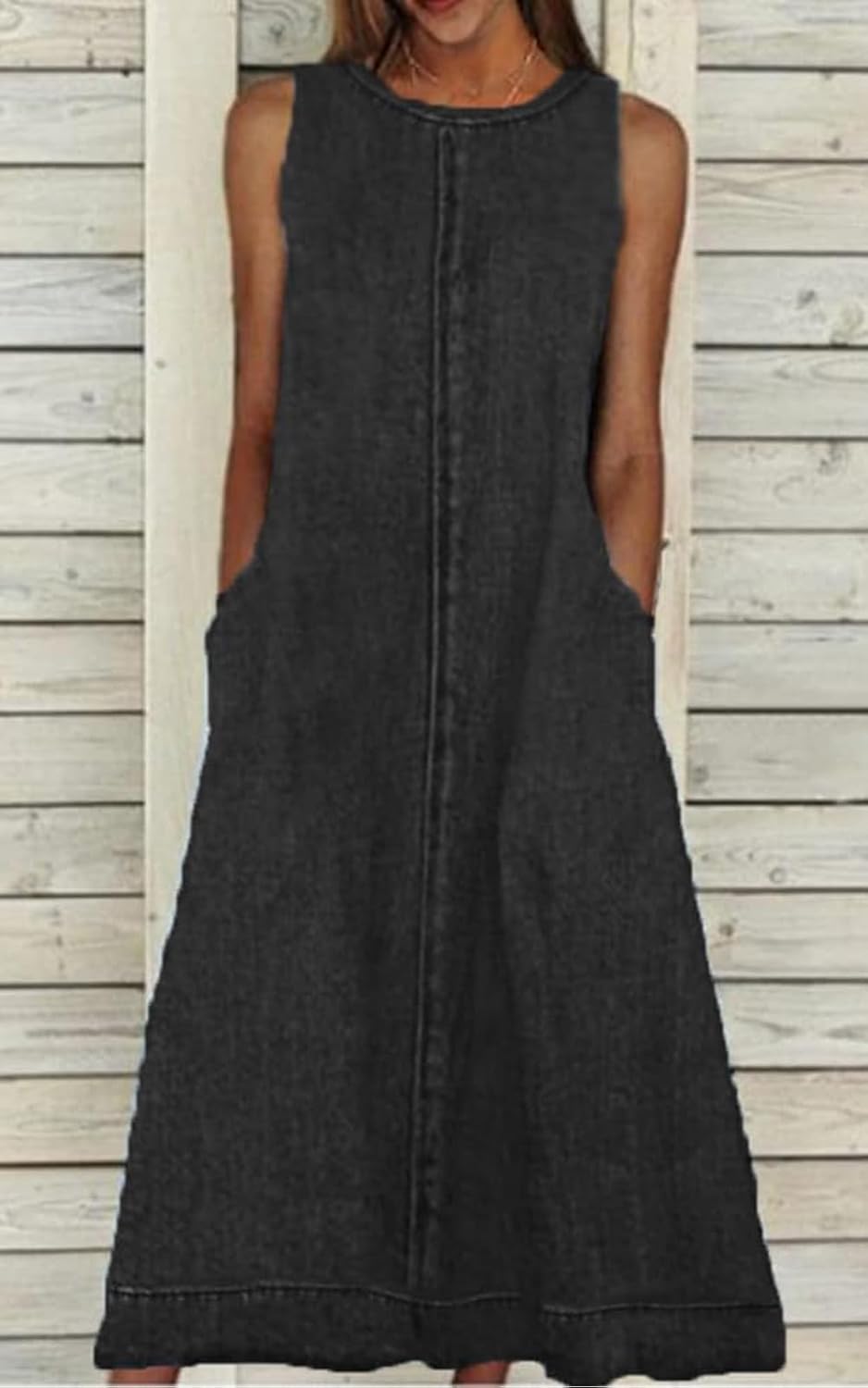 Womens Casual Sleeveless Maxi Denim Dress Crewneck Vintage Loose Long Vest Jean Dress with Pockets - Image 3