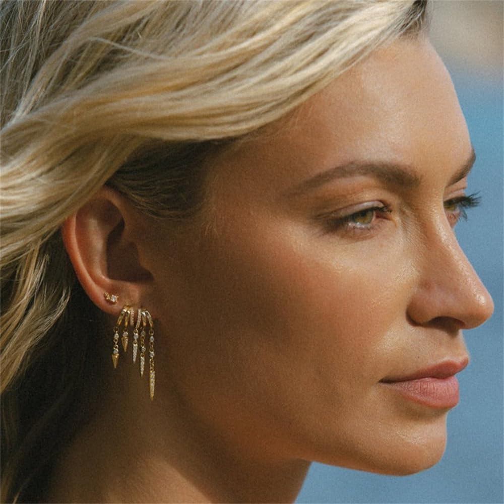 Dainty CZ Spike S925 Sterling Silver Dangle Drop Earrings for Women 18k Gold/Silver Plated Charm Punk Crystal Rivet Tassel Statement Dangling C Shape Huggie Hoop Hypoallergenic Fashion Jewelry - Image 6