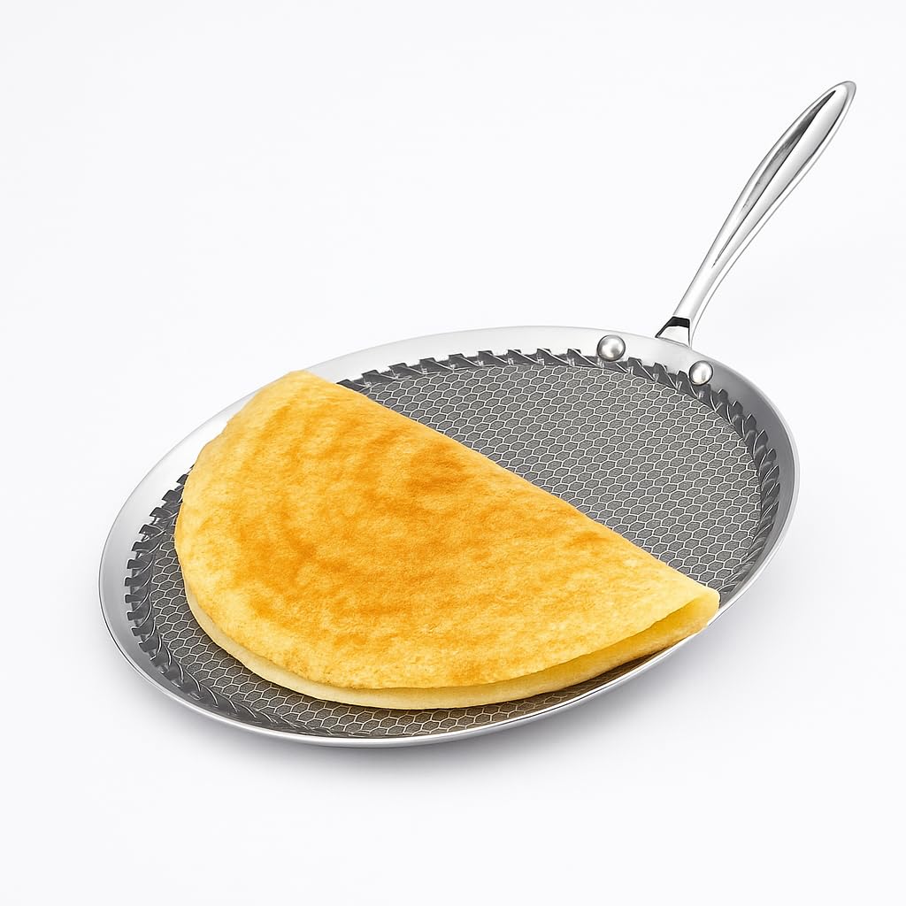 STEEPLE Tri-Ply Stainless Steel Honeycomb Dosa Tawa 29cm | Oil-Free Nonstick Flat Tawa for Dosa, Roti & Chilla | Gas & Induction Compatible | Food-Grade Steel Cooking Pan