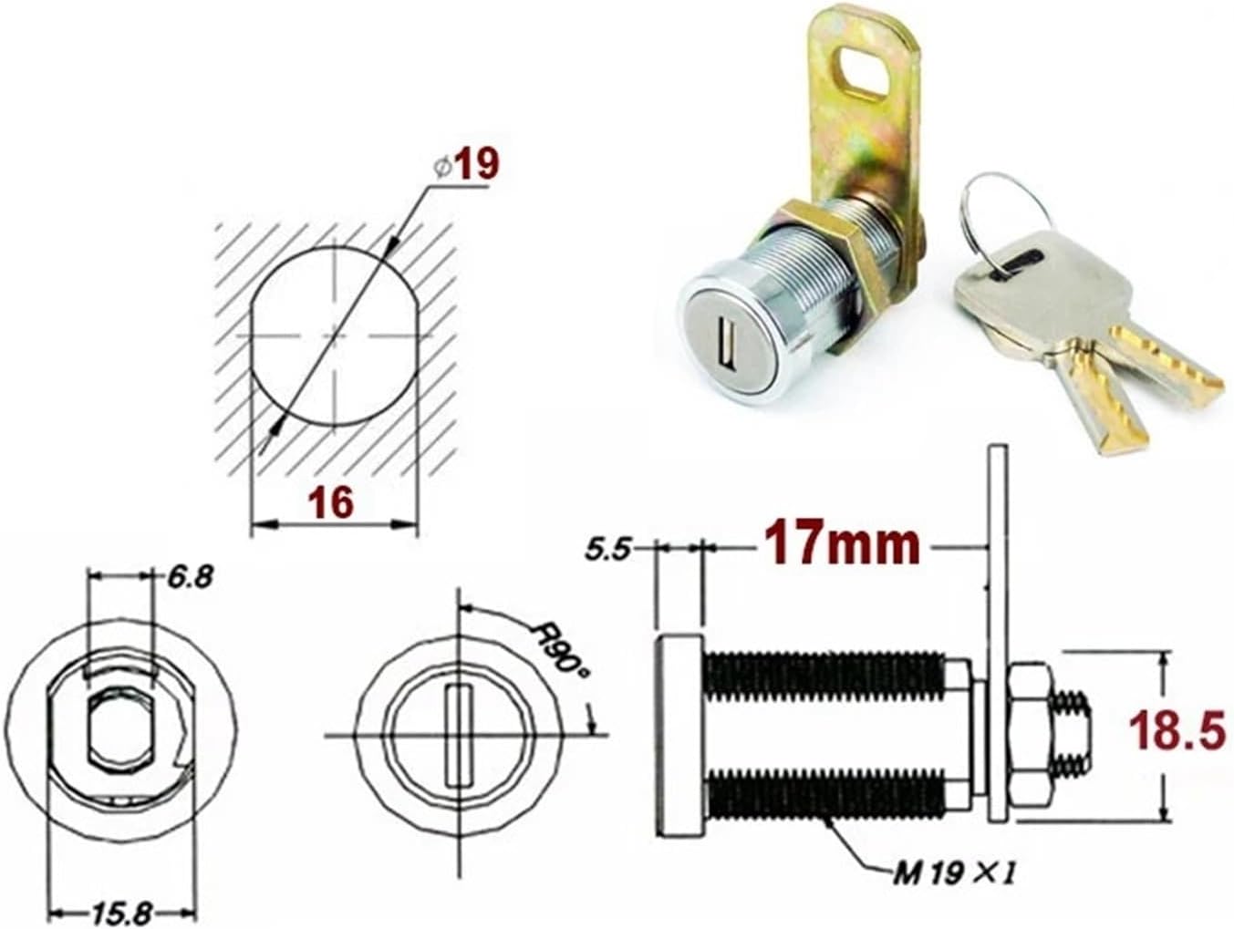 High Security Cam Lock for Cabinet ATM Cash Box Safe Box Equipment Brass Key DIY Furniture Hardware JA29 1Pcs(17mm Keyed Alike)