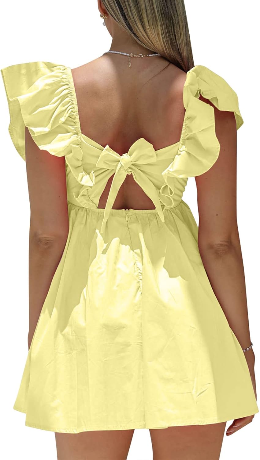 hibshaby Womens Sexy Deep V Neck Ruffle Sleeve Mini Dress Backless Lace Up Summer Dresses - Image 2