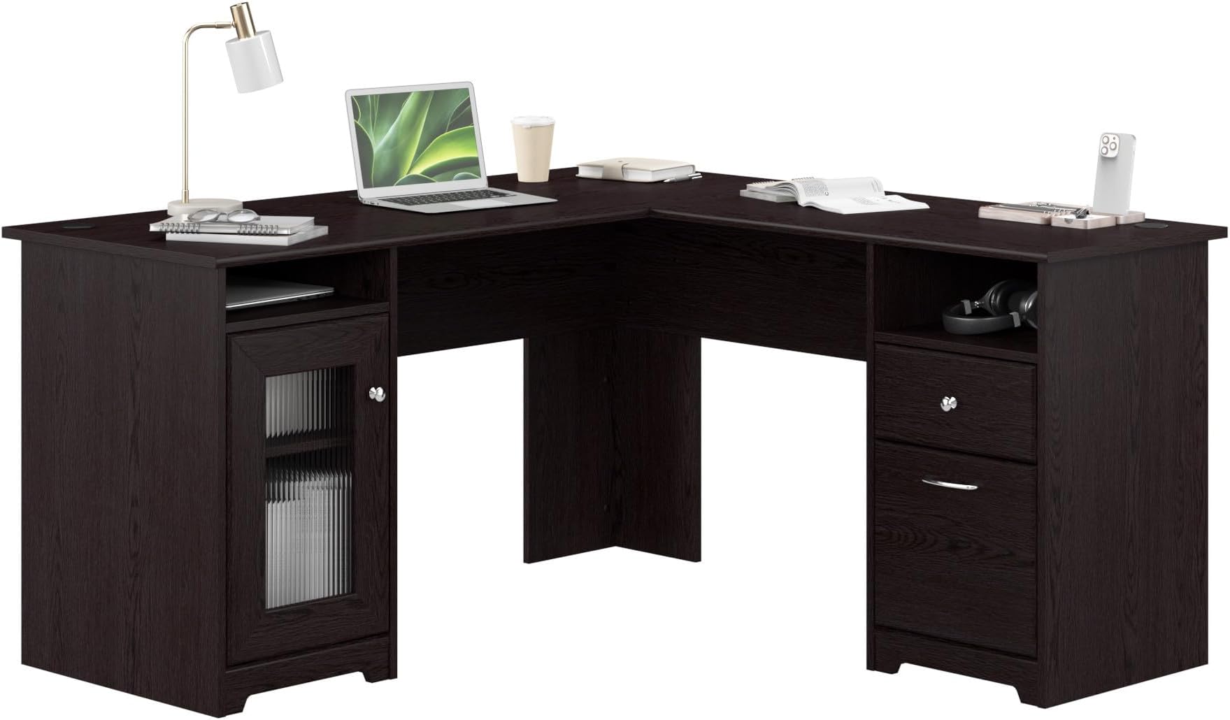 Bush Furniture Cabot 60W L Shaped Computer Desk with Storage in Espresso Oak, 60-inch Corner Table with Drawers for Home Office Workspace