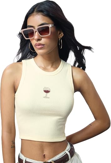 The Souled Store Ribbed Tank Top: Beaded Wine Women and Girls Sleeveless Round Neck Embroidered Slim Fit Lightweight Summe...