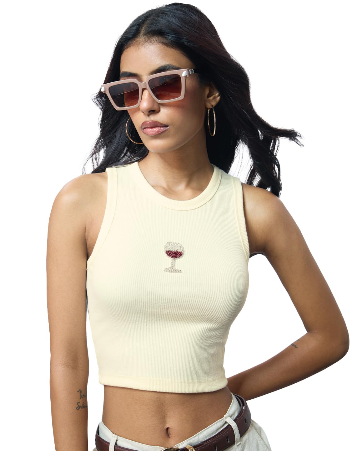 The Souled Store Ribbed Tank Top: Beaded Wine Women and Girls Sleeveless Round Neck Embroidered Slim Fit Lightweight Summe...