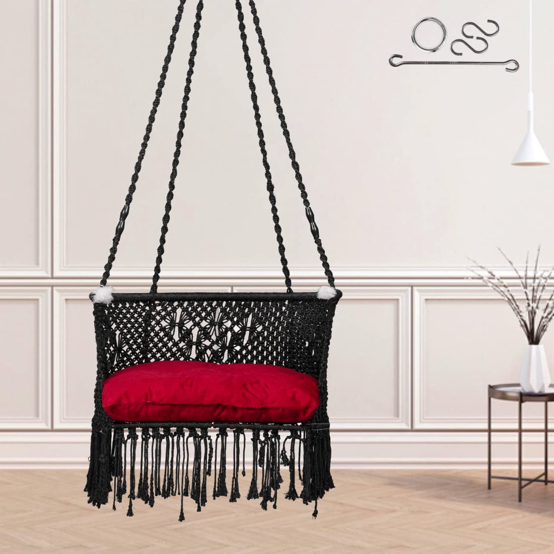 Patiofy Polyester Swing For Balcony/Swing Chair For Home/Premium C Shape Swing With Macrame Floral Design/Hanging Jhula For Adults/Swinging Chair/Jhoola/Red Cushion&Hanging Kit Included-Black