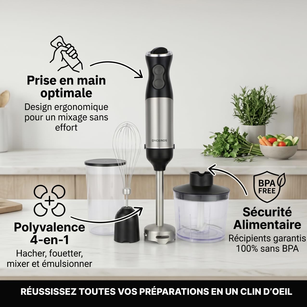 Mixeur plongeant 3-en-1 Dyceros Slash 1000W | Pied en acier inoxydable, variateur + Turbo – Hachoir et fouet inclus