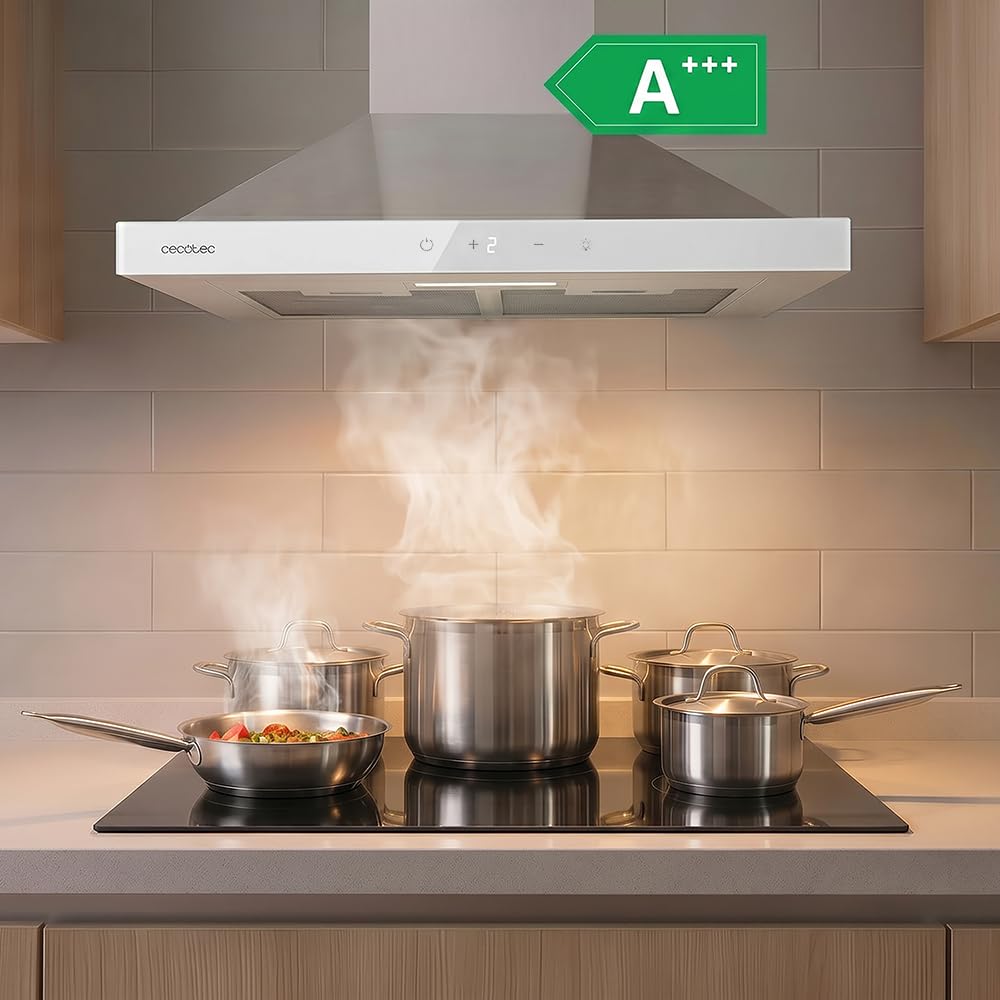 Cecotec Okap piramidalny 50 cm Bolero Flux PT 504400 Inox A++. Przednie szkło w kolorze białym, ssanie 449,5 m³/h, niewidoczna kontrola dotykowa, funkcja wzmacniacza, filtry zmywalne, klasa A++