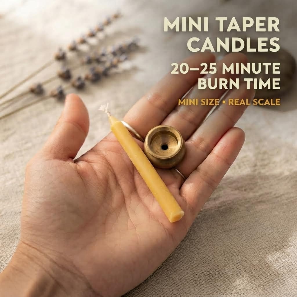20-Minute Beeswax Meditation Candles, 20-Count Mini Tapers, Brass Holders