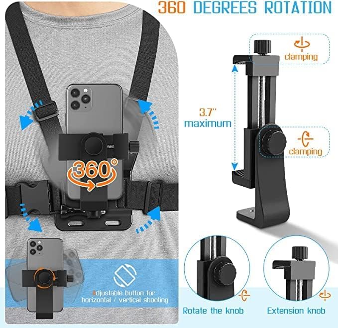 Image of Mobile Phone Chest Strap Mount - Chest Harness Holder for VLOG /POV Compatible with All Cell Phones and Hero 13 /12 /11, Osmo Action, Insta360 and Other Action Camera