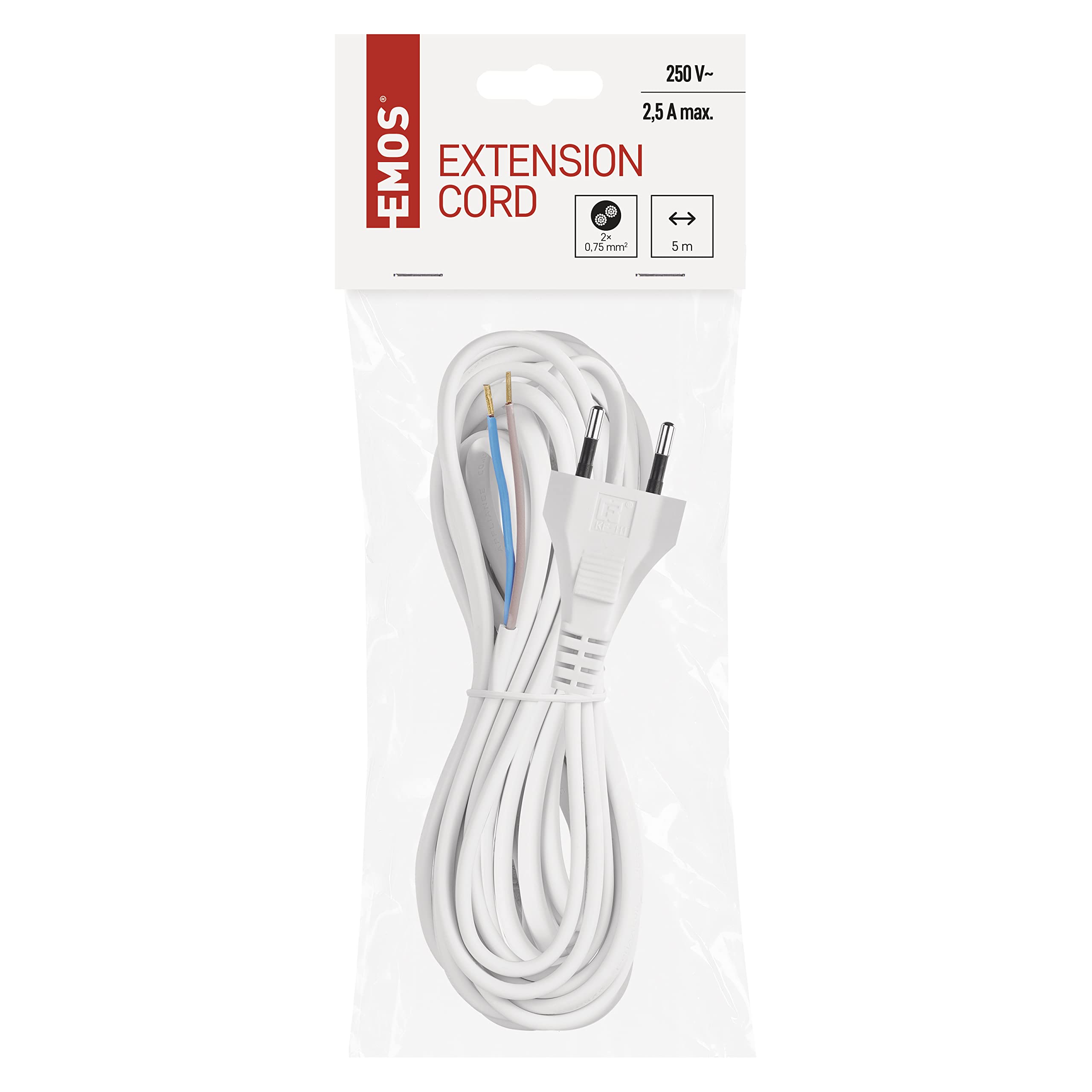 EMOS Przewód zasilający Euro 5 m, kabel sieciowy, kabel połączeniowy do urządzeń gospodarstwa domowego z wtyczką euro, 2 x 0,75 mm, H03VVH2-F, kabel z tworzywa sztucznego, biały