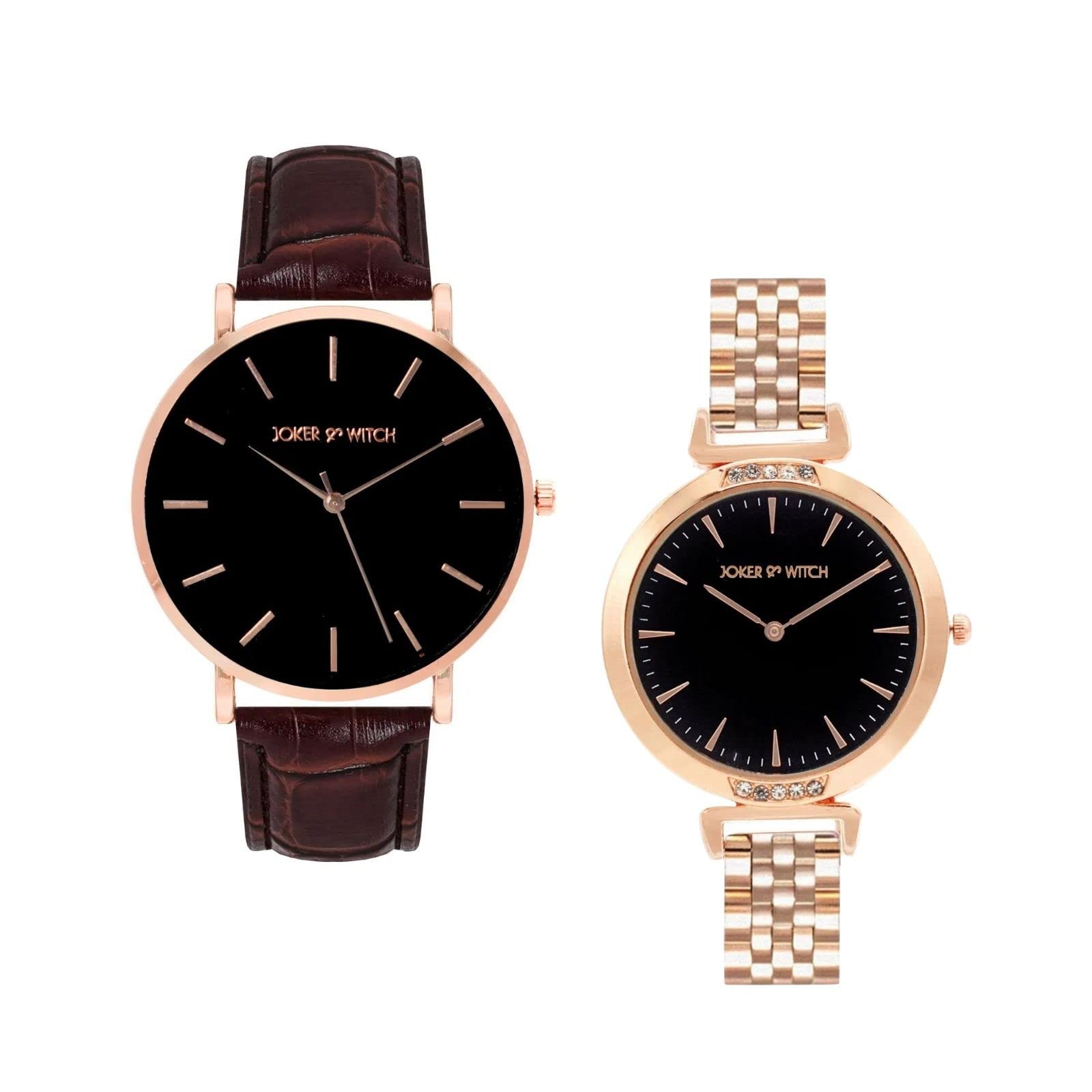 Leather Mick & Justine Couple Analogue Watches, Black Dial, Brown Band
