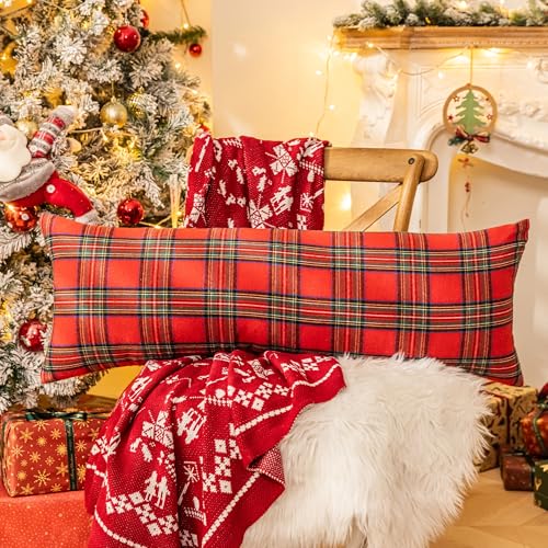 Image of AQOTHES Christmas Plaid Decorative Throw Pillow Covers Red 14x36 Inches