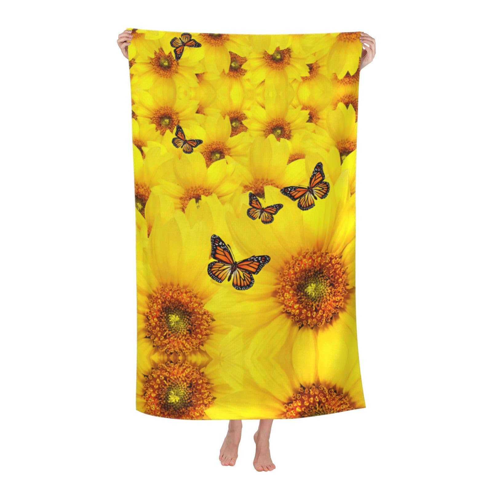 Oazcvbnn Women's White Yellow Flowers Butterflies Print Adult Beach Towel Summer Travel Pool Vacation Swimming Fitness Outdoor Adventures