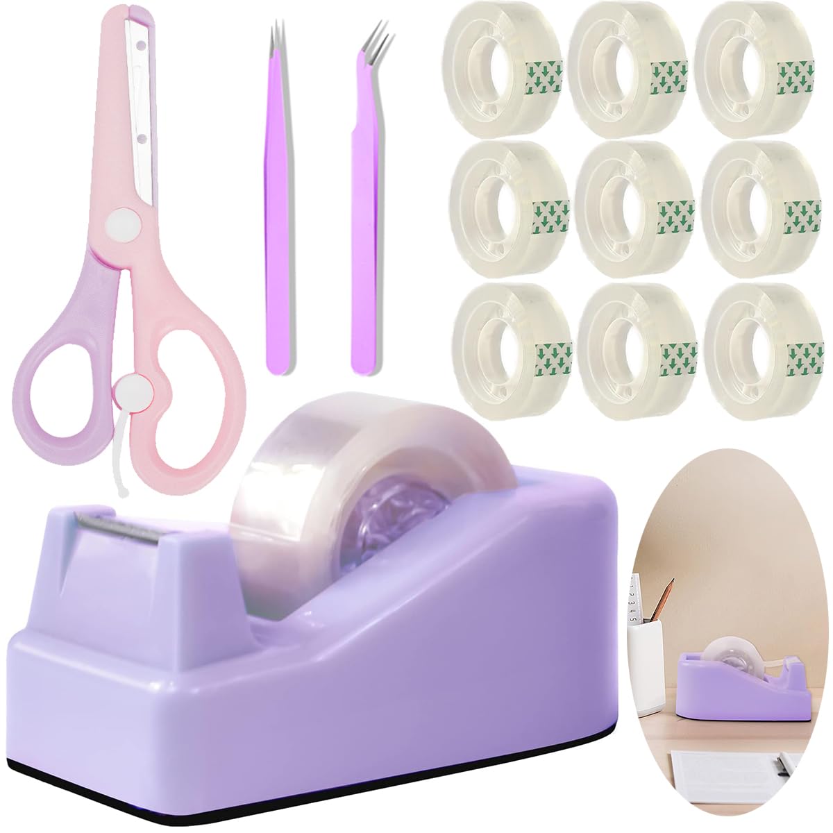 XEUZK Kits de dispensador de cinta de escritorio con dispensador de cinta antideslizante con peso, incluye 9 rollos de cinta transparente (0.71 pulgadas x 500 pulgadas cada uno) y tijeras rosas, 2