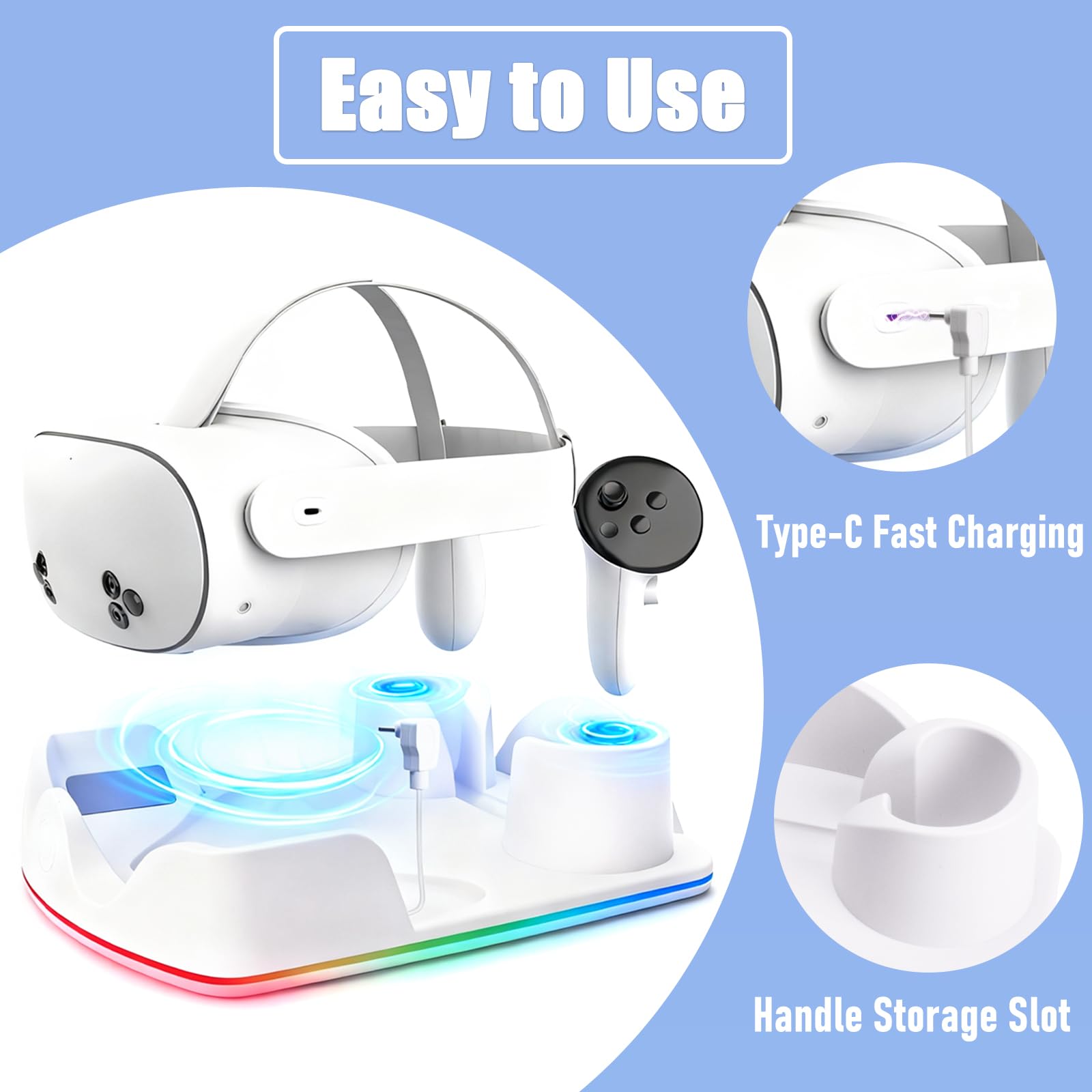 Stazione di Ricarica Compatibile con Meta Quest 2/3/3S, Dock di Ricarica Rapida per Quest 3 con Luci RGB, Caricatore per Cuffie VR, Accessori VR