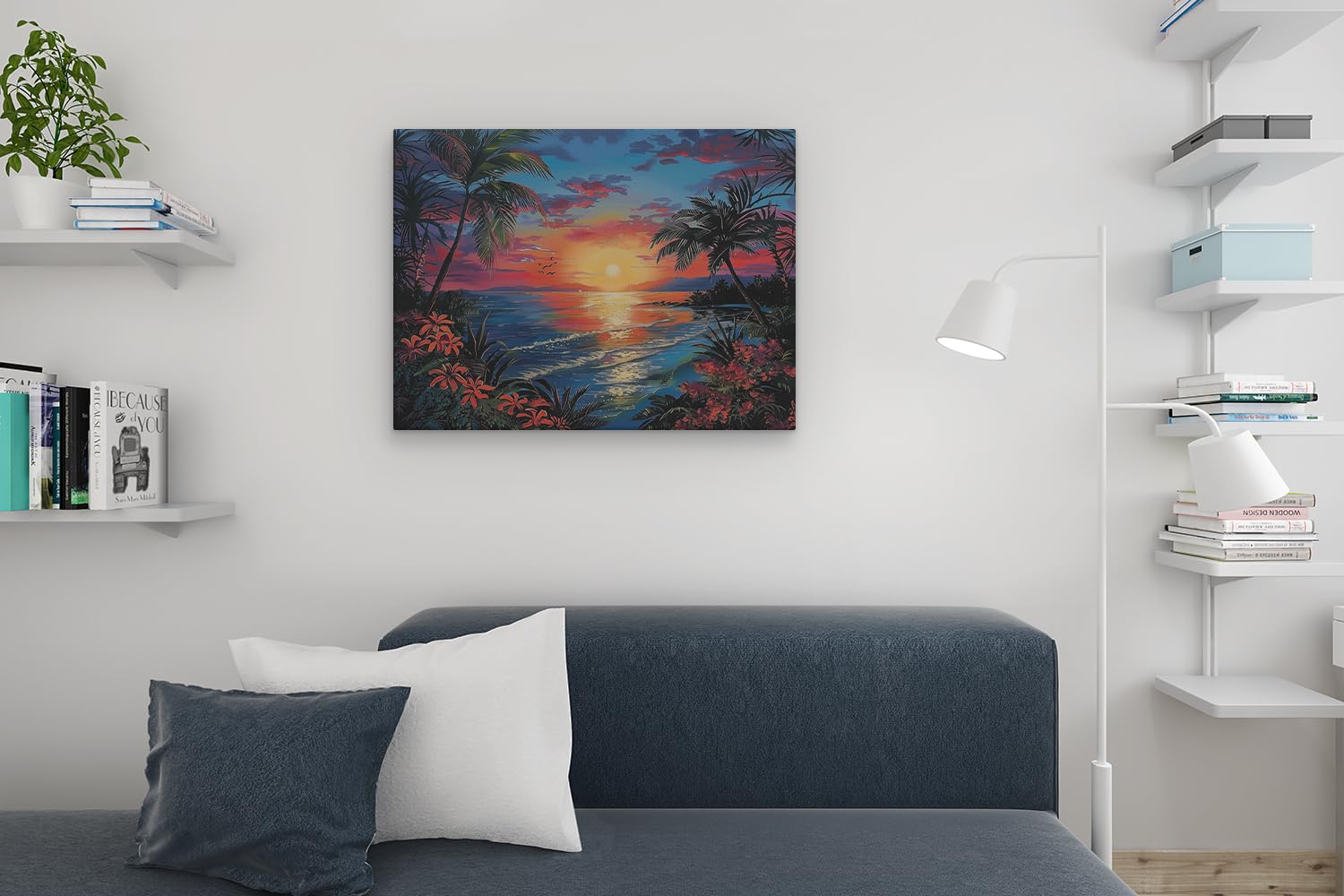 Artaza Leinwand Bilder Sonnenuntergang Meer - 80x60 cm - Wanddeko Strand - Wandbilder Palmen - Deko Wohnzimmer