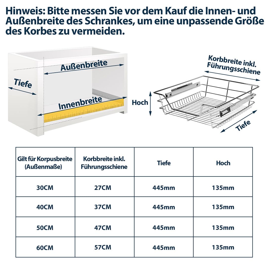 Teleskopschublade 4er Set 60cm, Schrankauszug Vollauszug mit Doppelschienensystem, 20 kg Tragfähigkeit, Ausziehbare Küchenschublade aus Metall für Küchenschrank, Bad und Waschraum