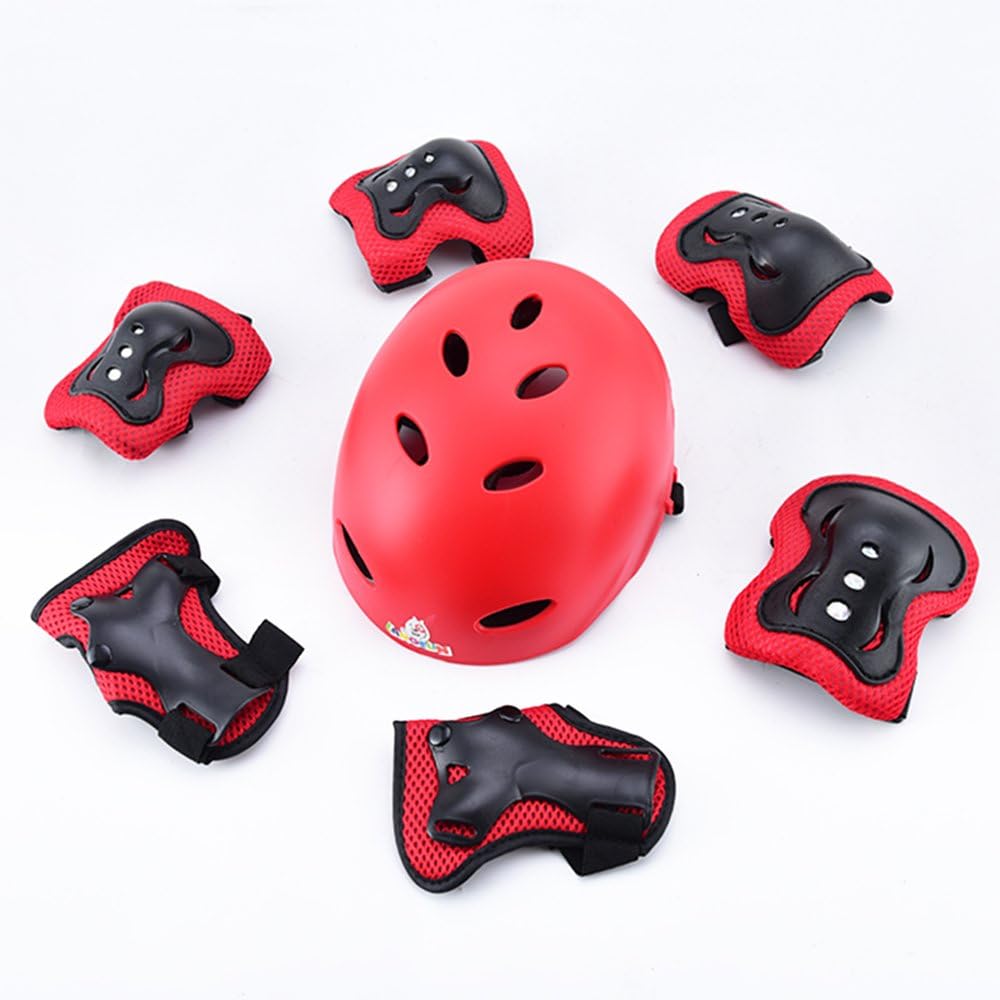 JIUBING Kids Youth Sports Protective Gear Set with Helmet Elbow Knee Wrist Safety Pad Safeguard for Rollerblading Bicycle BMX Bike Skateboard Hoverboard Outdoor Activities（red）