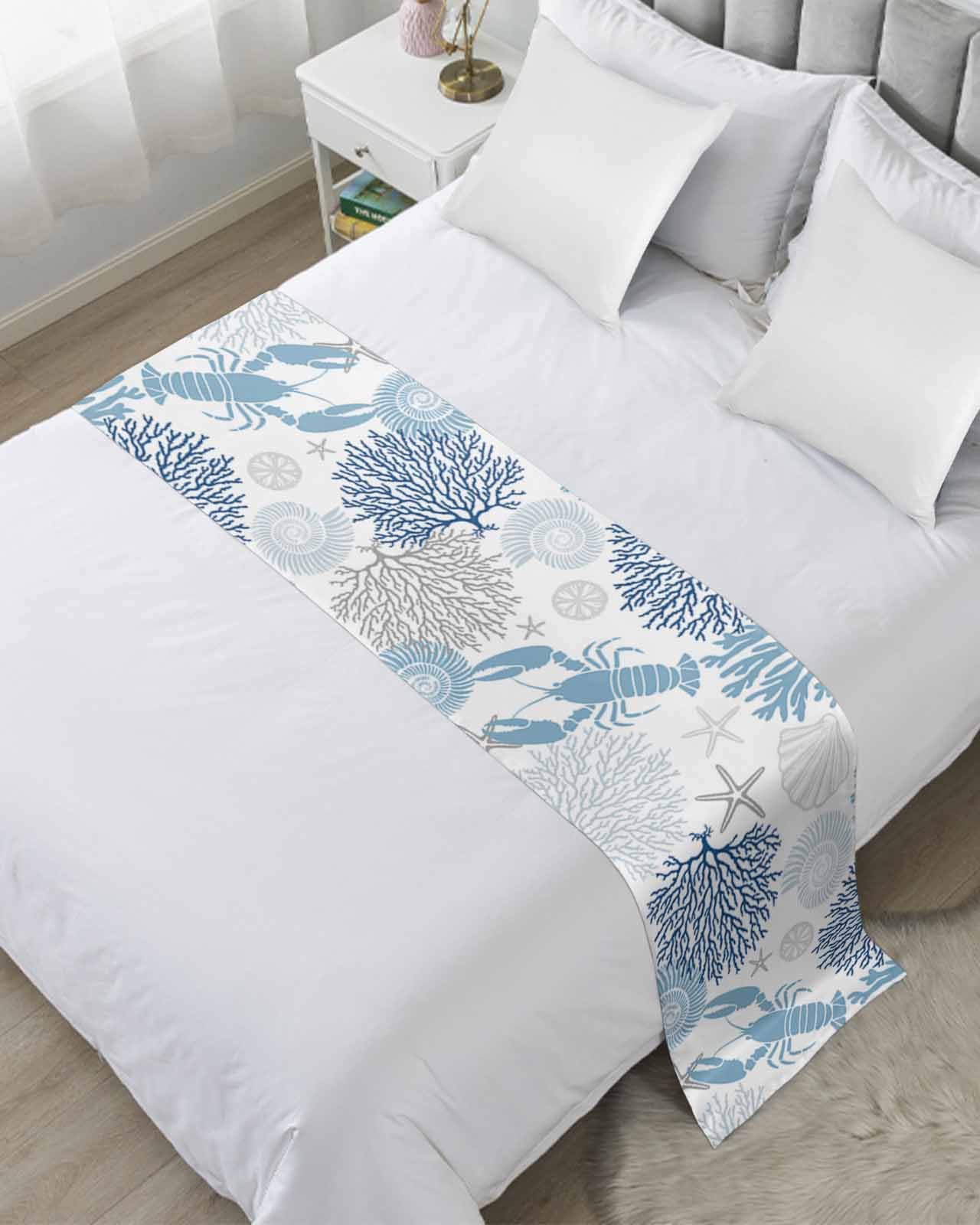 Navy Blue Coastal Bed Runner for Full/Queen Size, Summer Lobster Coral Nautical Bedspread Protector Slipcover Bed Scarf for Foot Runners & Scarves for Bedroom Hotel Wedding Room 83x20 Inches