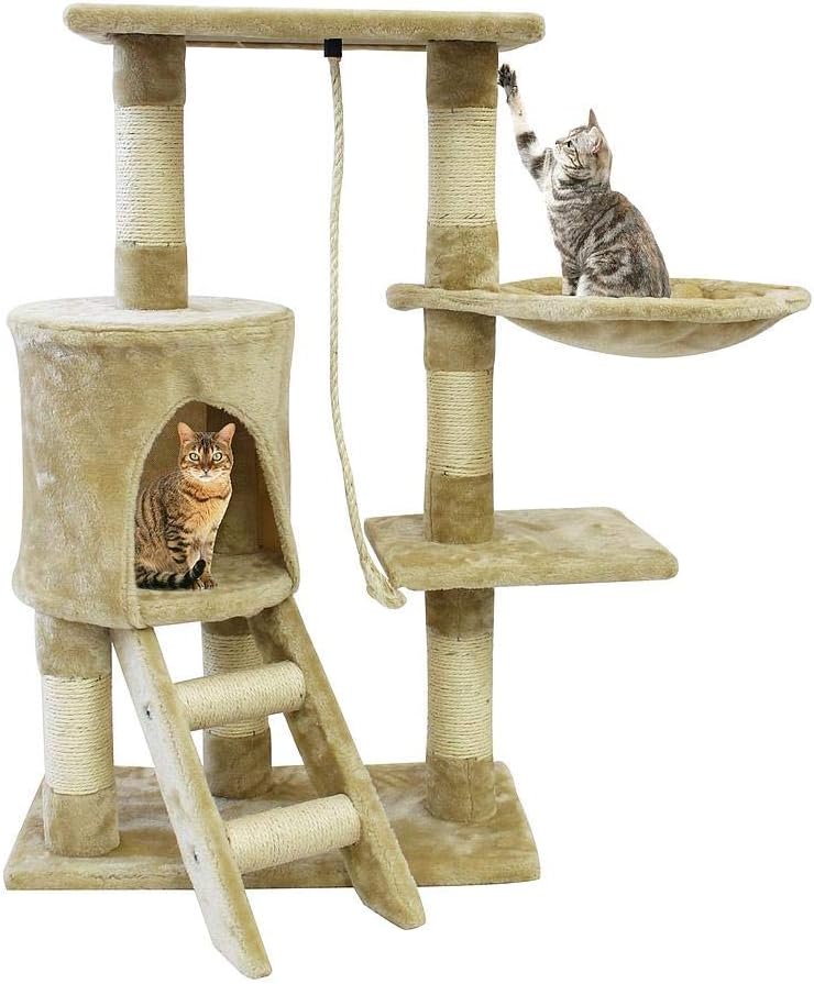 Todeco - Cat Tree, Cat Climber - Material: MDF - Cat House Size: 11.8 x 13 x 13 inch - 35.4 inch, 4 Platforms, Beige