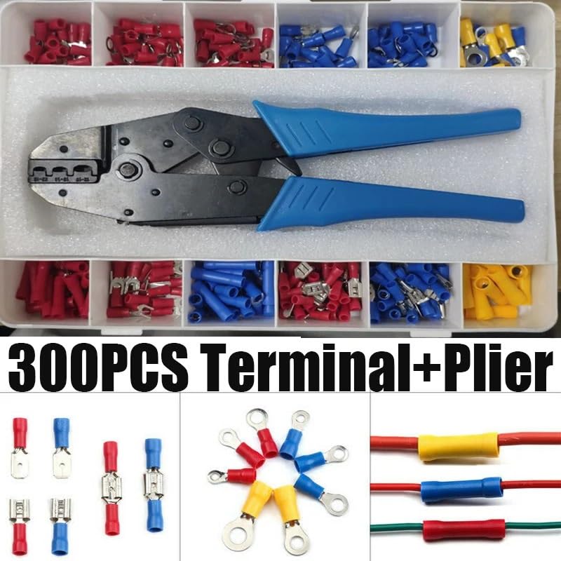 300 stücke Crimp Spaten Terminal + Crimpen Zange Assorted Elektrische Kit Isolierte Ring Gabel Spaten Butt Draht Kabel Stecker