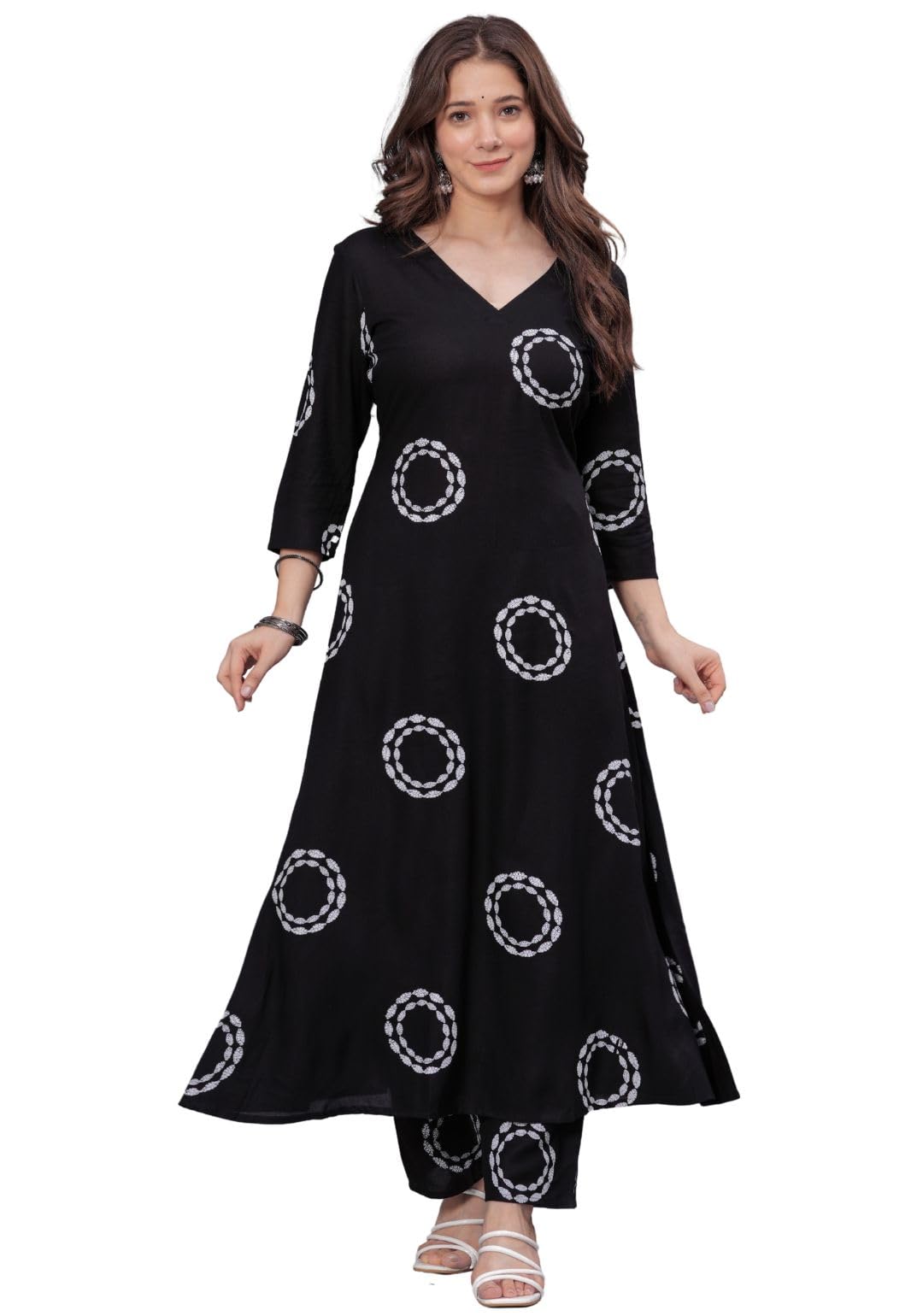 Rytras Women's Rayon Printed Anarkali Kurta Set With Palazzo Pants - Ethnic Wear, Black(Ryt591,S)