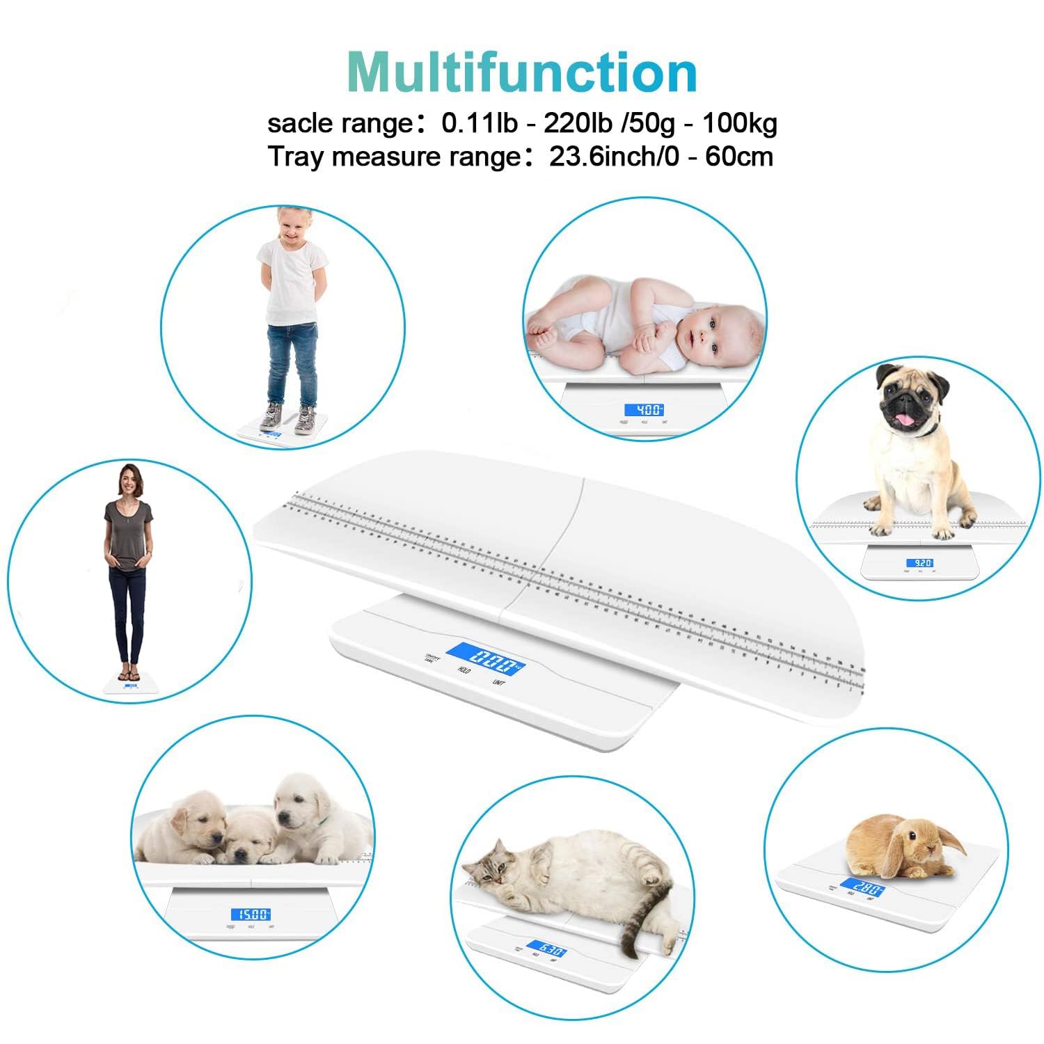 Digitale Haustierwaage, Babywaage, mit 3 Wiegemodi (kg/oz/lb), Max 220 lbs, Präzision bis zu 0.02lbs, Weiß