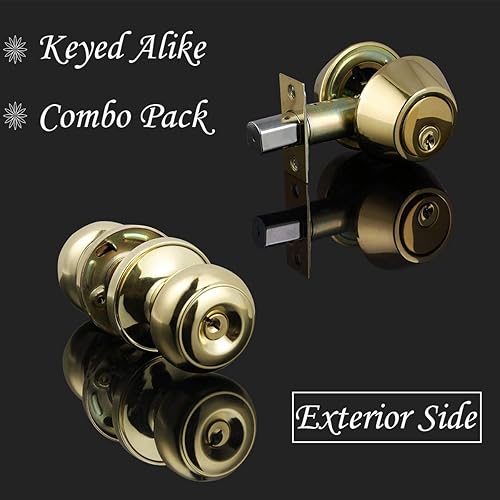 Miniatura 2 de Juego de 2 perillas para puerta de entrada delantera con llaves iguales con cerrojos de un solo cilindro, latón pulido, juego de combinación de