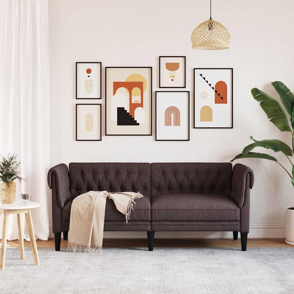 Chesterfield Sofa 2-osobowa, ciemnobrązowa, materiał z tapicerowaną ławką, lounge, ławką do siedzenia, oparciem, podłokietnikami, idealna do salonu, pokoju gościnnego, relaksującej części