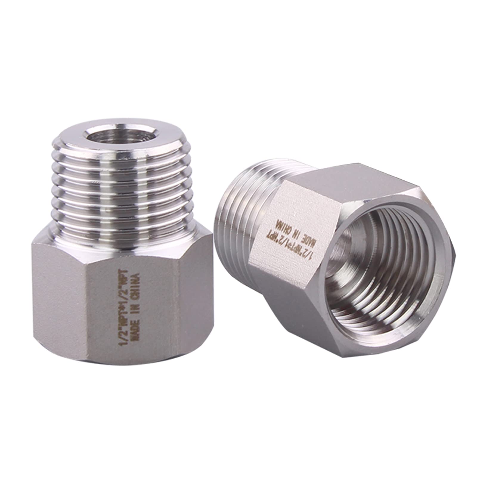 Forged Reducer Adapter Fitting - Stainless Steel 304 Reducing Pipe Connector, 1/2" NPT Female x 1/2" NPT Male (pack of 2)