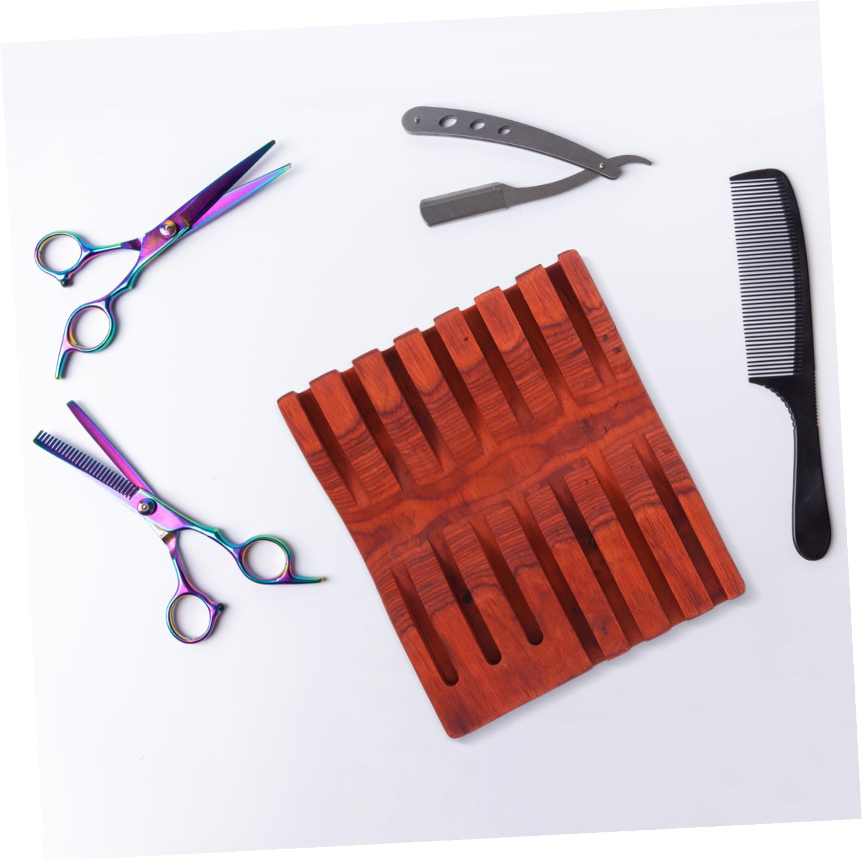 VICASKY Présentoir en Bois Foncé pour 7 Ciseaux de Coiffure Capacité, Design Incurvé Élégant et Ventouse, Boîte de Rangement Pratique pour Salon