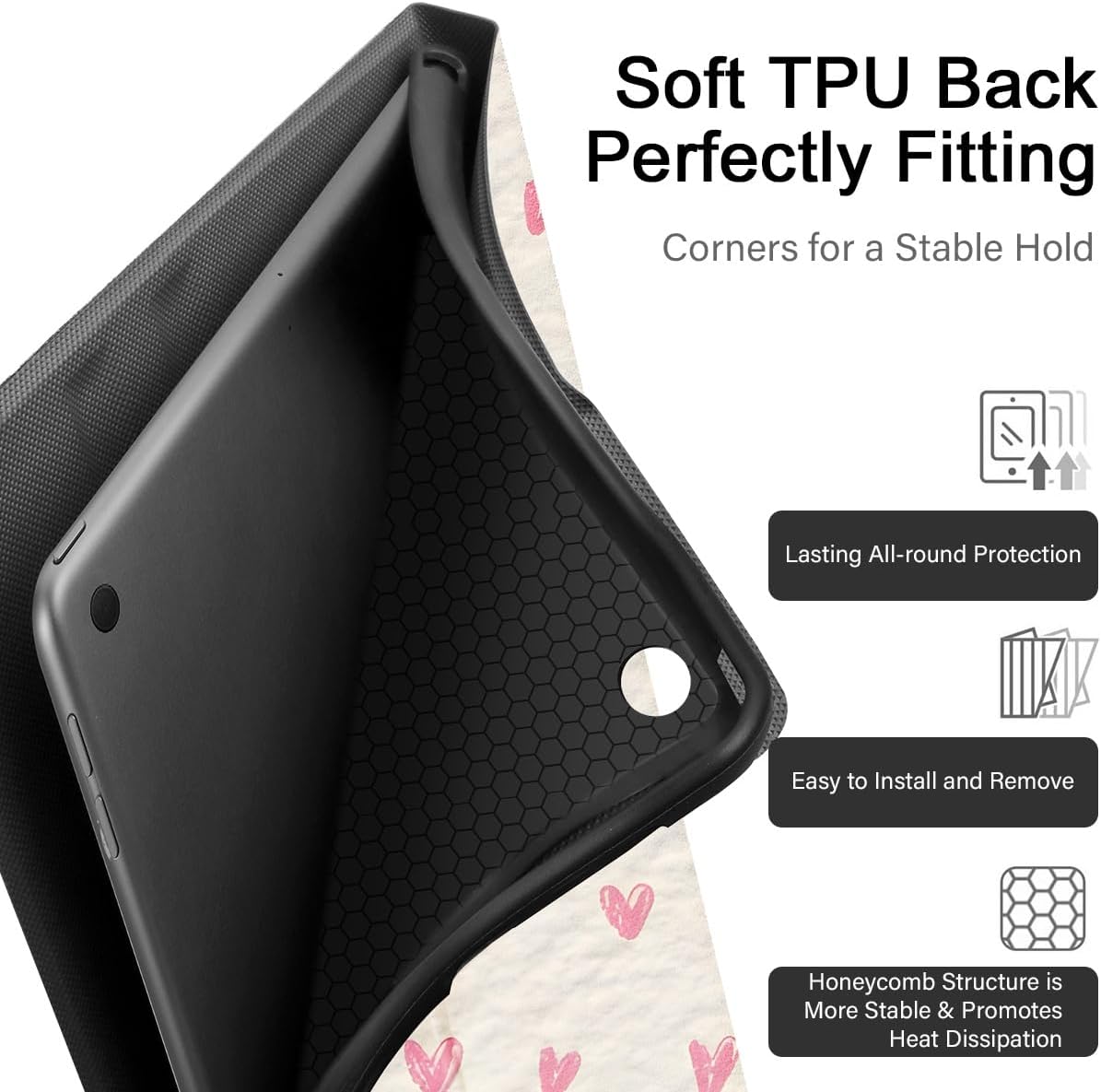 Heart Tablet Case for Samsung Galaxy Tab A7 2020 SM-T500,T505,T507 10.4'', Cute Aesthetic Pick Love Pattern Cases for Boys Girls Women, Off-White Protective Cover Flip Leather PU Funda Adjustabl image 2
