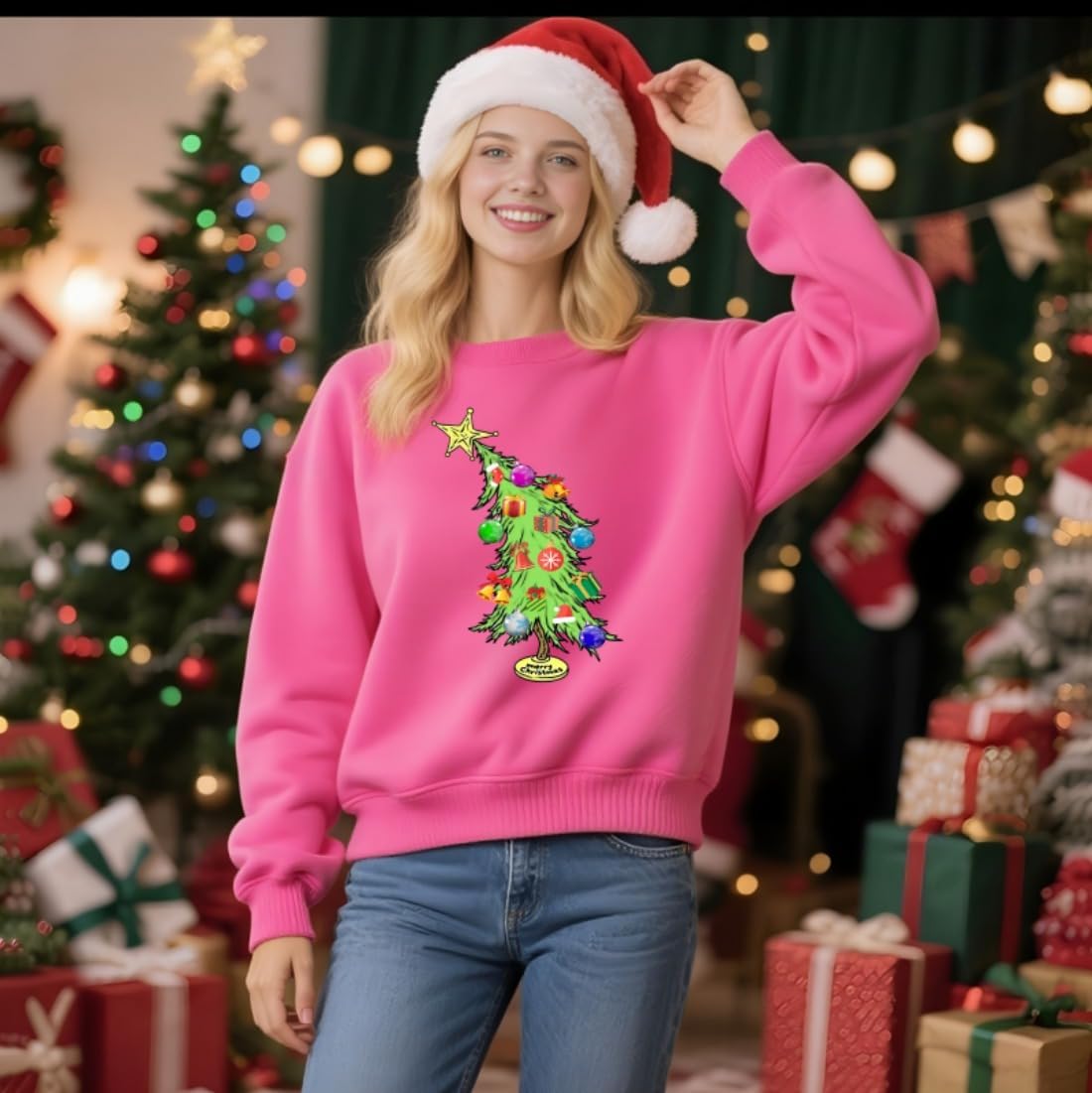 Christmas Sweatshirts for Women Christmas Tree Graphic Merry Sweatshirt Cute Xmas Holiday Long Sleeve Shirt - Image 2