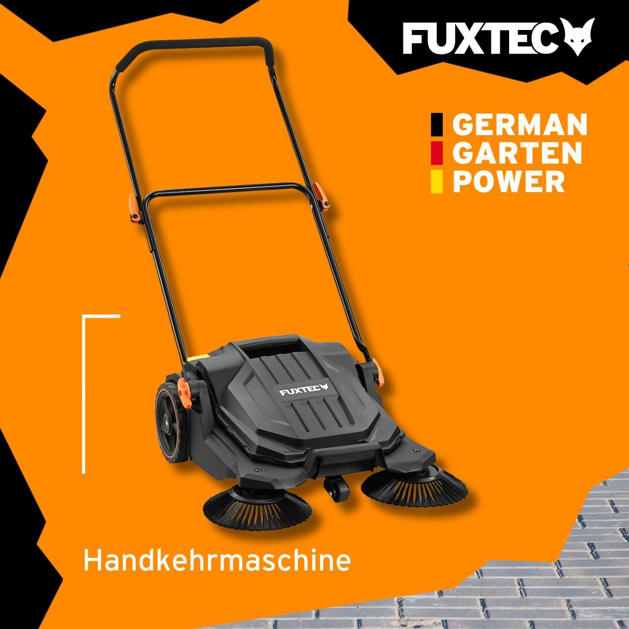 FUXTEC Handkehrmaschine FX-HK65, Kehrgerät für mittlere bis größere Außenbereiche, 650 mm Arbeitsbreite, 20 L Kehrbehälter, Flächenleistung bis ca. 2000 m², ergonomisches Design