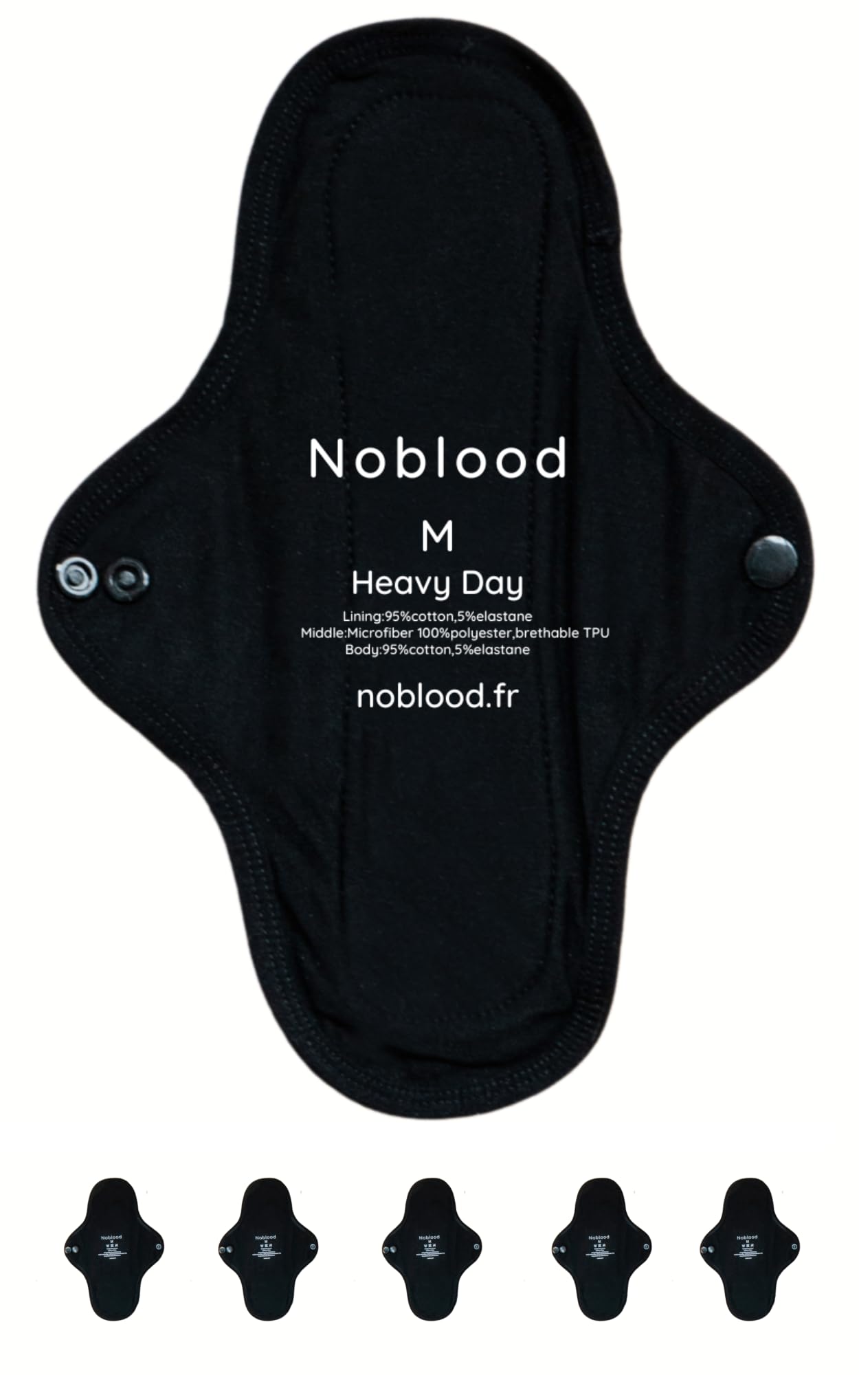 NoBlood - Pack de 5 Compresas Higiénicas Lavables de Algodón, Flujo Abundante, Protegeslip Salvaslip Reutilizable, Compresa de tela menstrual lavable, Toallas menstruales, Talla M