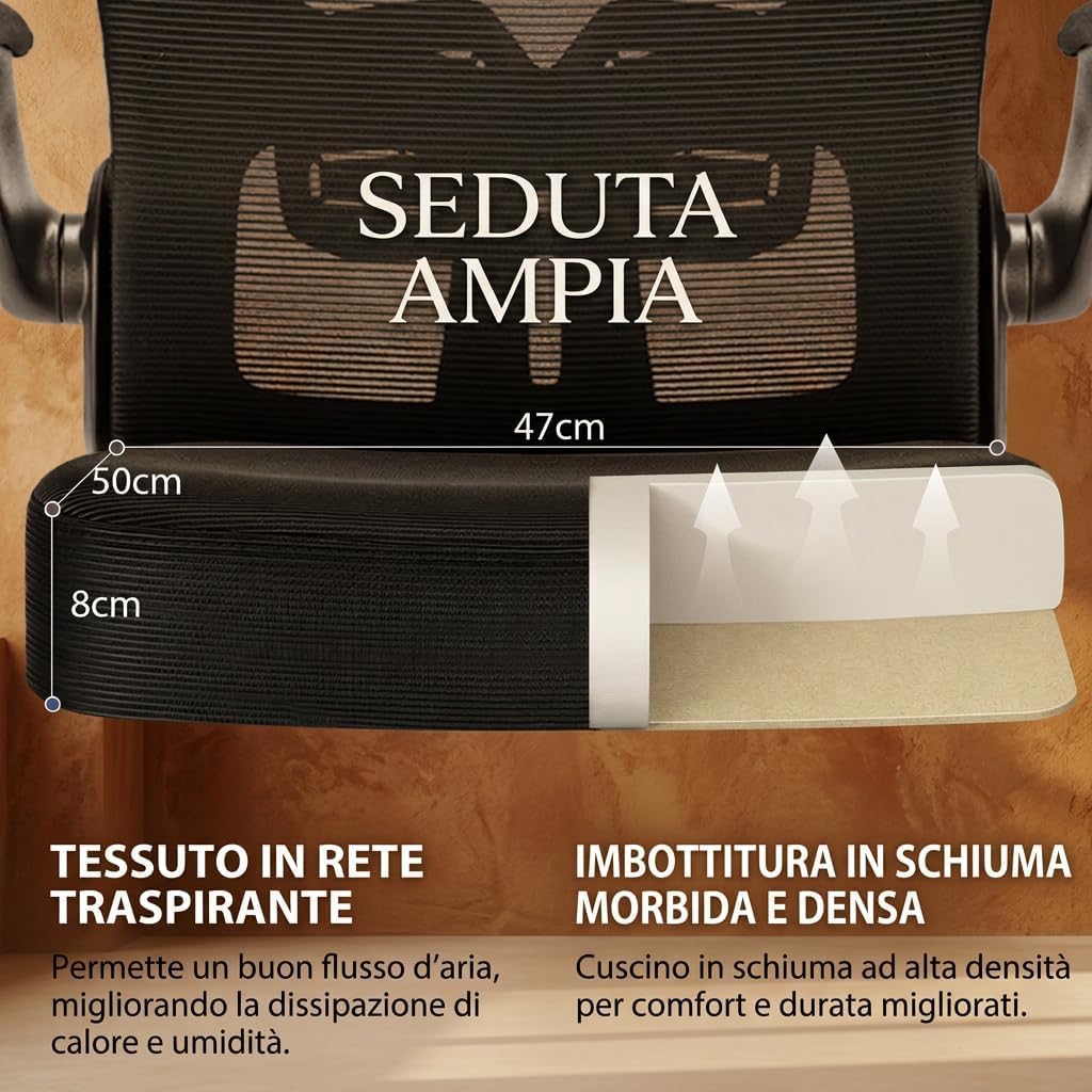 Sedia Ufficio Ergonomica, Sedia da Scrivania e PC Girevole con Supporto Lombare Regolabile, Schienale in Rete, Braccioli Ribaltabili, Altezza Regolabile, Basculante, Nero