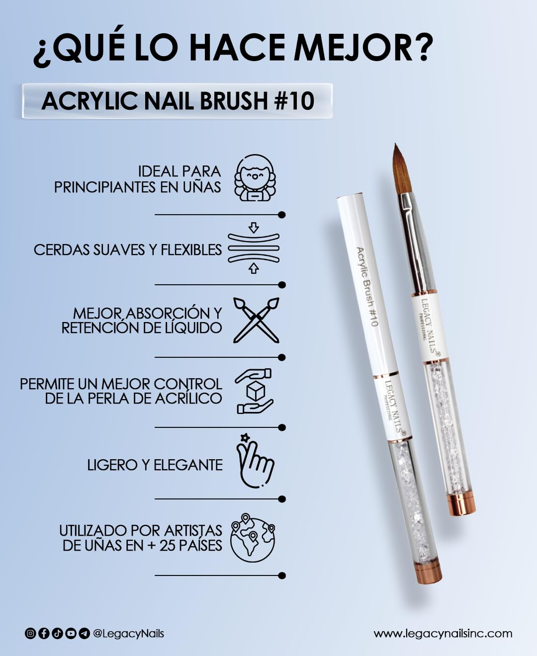 Legacy Nails Pennello professionale per unghie in acrilico n. 10, colore bianco, perfetto per scolpire extension per unghie in acrilico, setole flessibili e leggere