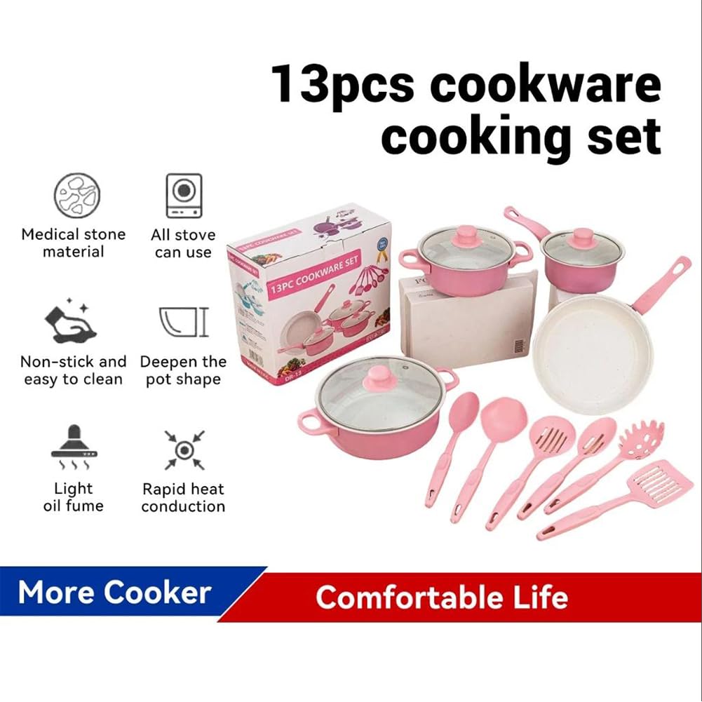 Juego de 12 utensilios de cocina antiadherentes con tapa para todo tipo de fuegos (rosa)