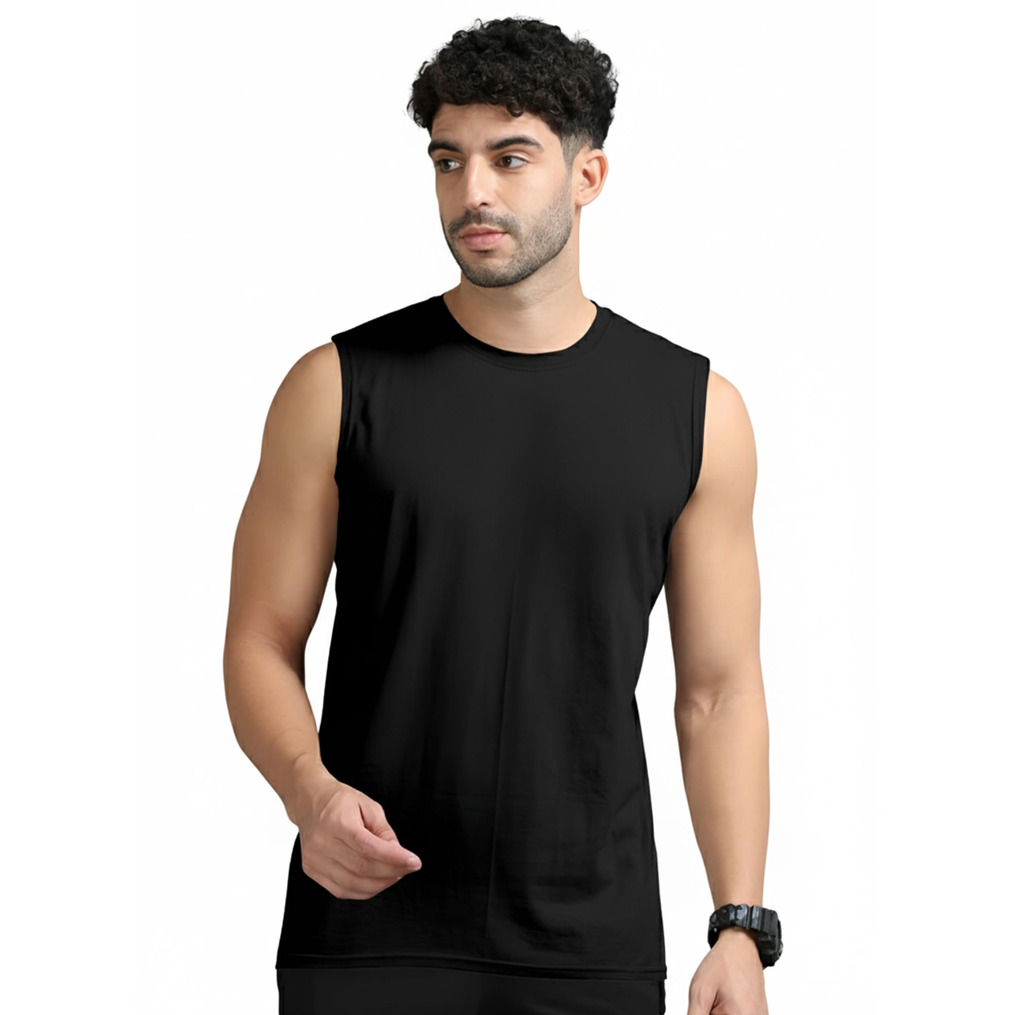 JANGOBOY Men's Solid Round Neck Sleeveless Polyester T-Shirt (Trip-682-s_Black_S) Pack of 1-picture-12