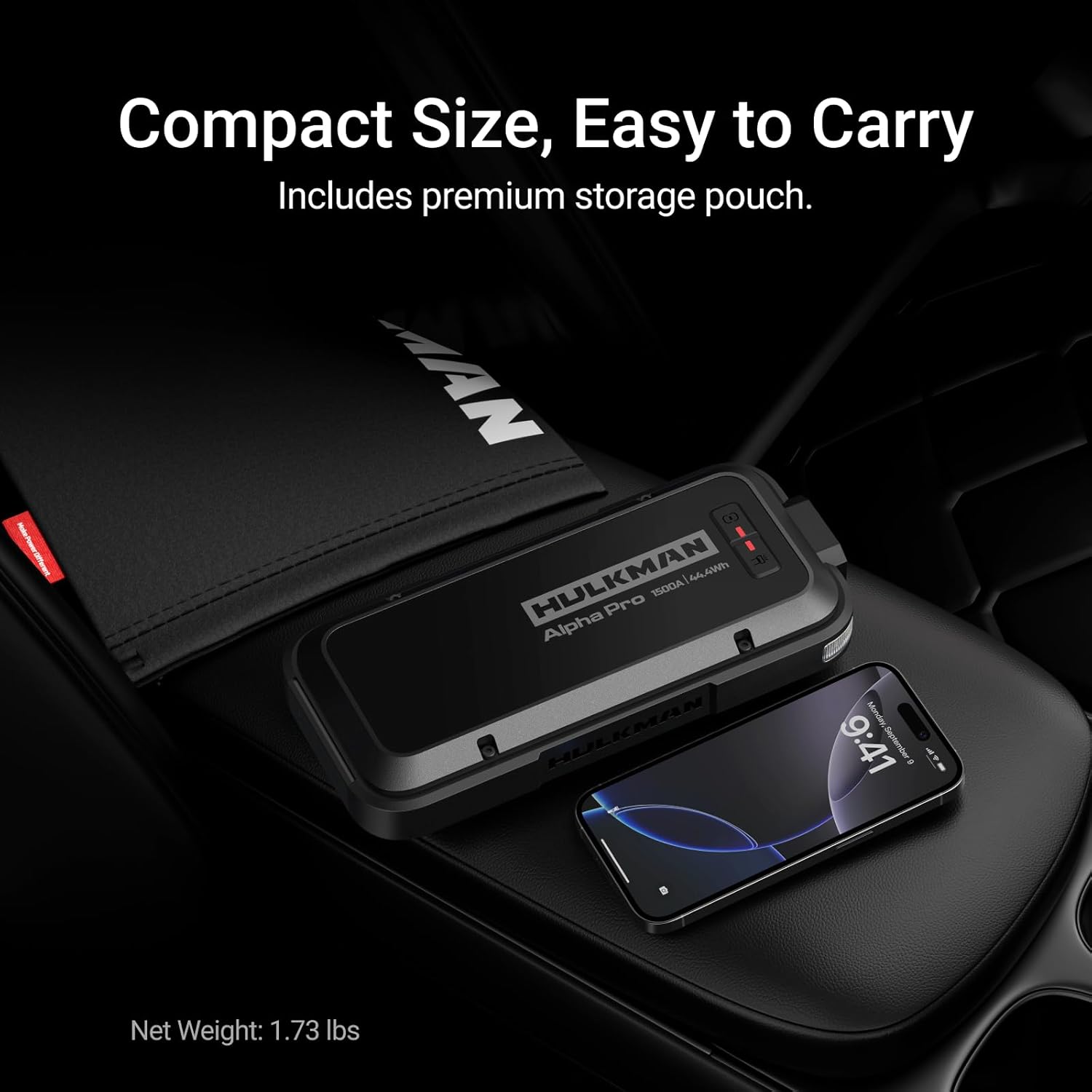 Hulkman Alpha Pro 1500A Jump Starter displaying safety icons for spark-proof, reverse-polarity, short-circuit, and error-proof clamp design.