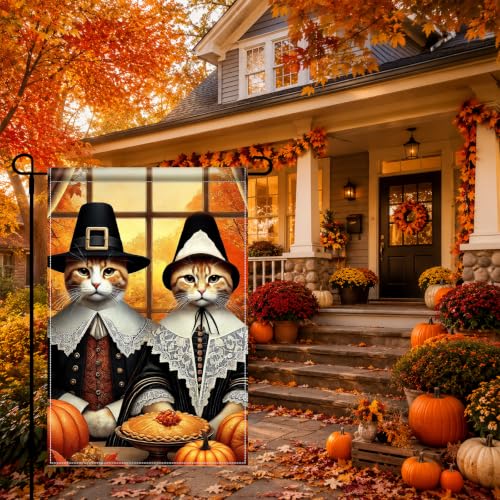 Image of BlissYard Fall Garden Flag 12x18 Inch Cat Pumpkin Thanksgiving Decor | Double sided polyester, fall pilgrim cat pumpkin design, cozy cat lover decor for Thanksgiving porch and yard