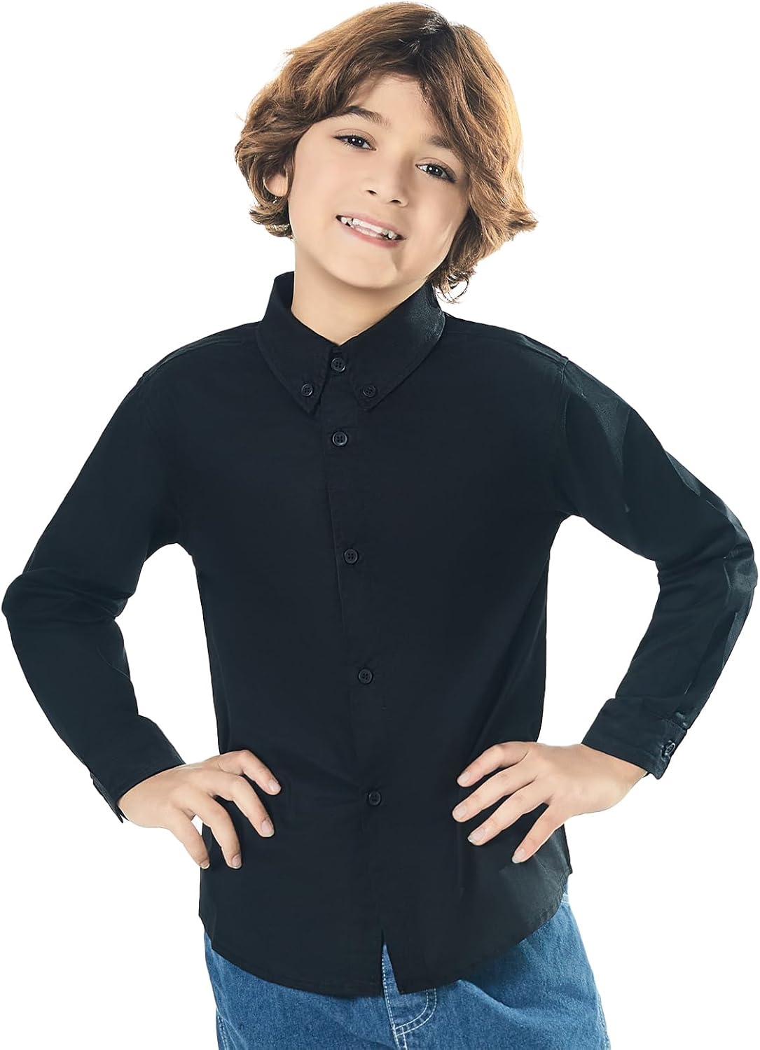 Boys' Long Sleeve Pure Cotton Classic Collar Buckle Dress Shirt Boys 4-18 Years