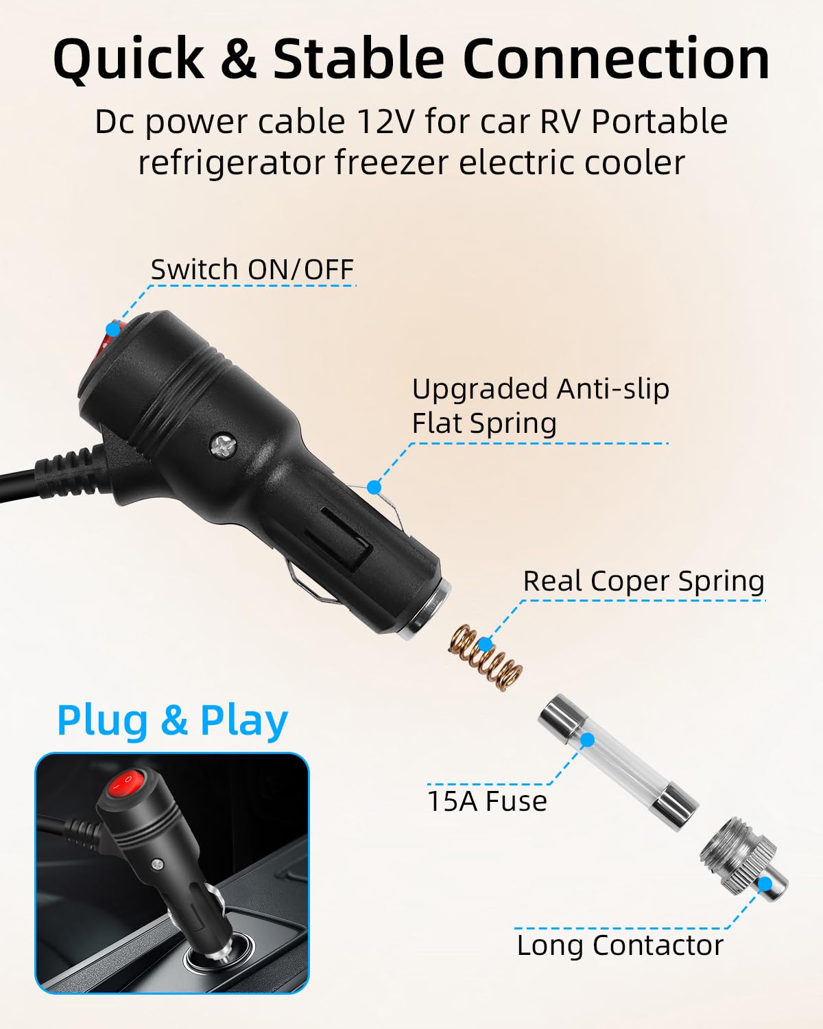 GELRHONR 12V Auto-Kühlbox Kabel 14AWG, Zigarettenanzünder Stecker auf DC 12V Kabel mit Schalter, für Kühlbox, Kühlschränken Wohnmobil & Campingzubehör (1.5M/4.9FT)
