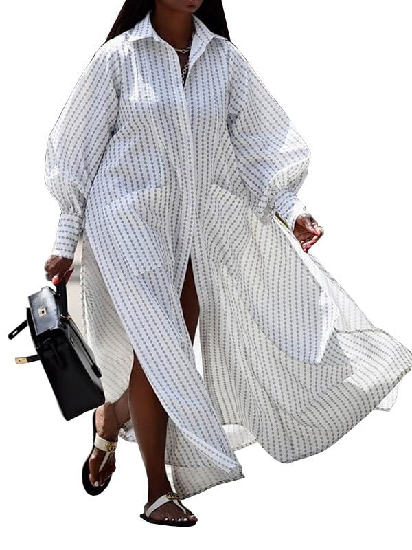 UOOZEE Women's Puff Long Sleeve Button Down Loose Maxi Shirt Dress Side Slit Spring Summer Beach Dress